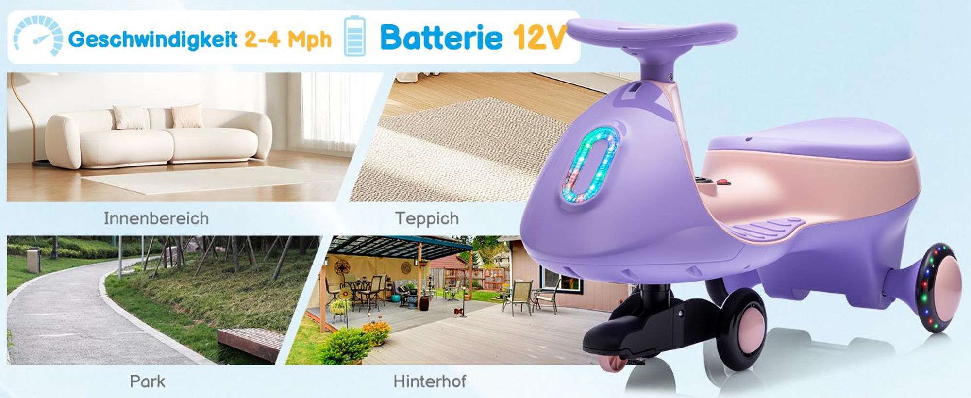 Kinder-Elektroauto 12V, Elektrisches Rutschauto mit Pedal, 2 Geschwindigkeiten und Kippschutz, Bluetooth, für Kinder ab 3 Jahren, Lila & Rosa