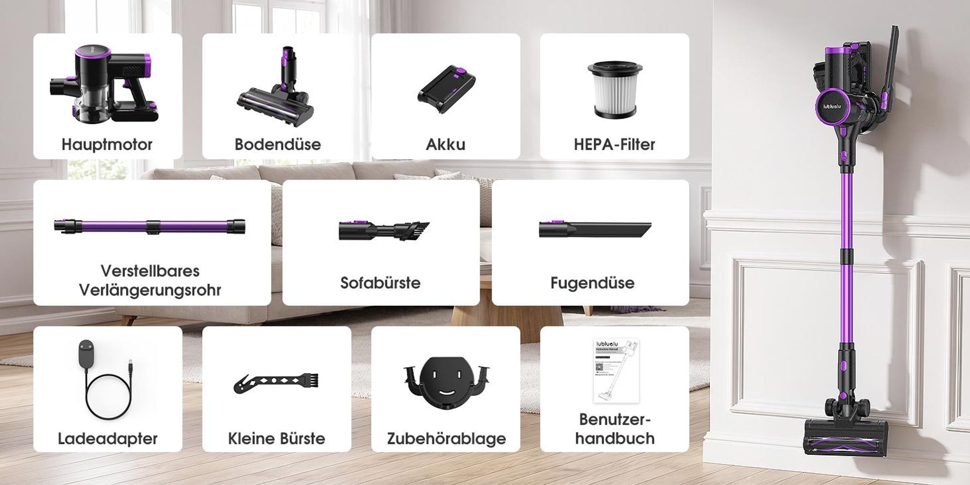 Lubluelu Akku-Staubsauger P4, 45000Pa Kabelloser Staubsauger mit Anti-Haar-Verwicklungsbürste & Grüner Beleuchtung, Für Tierhaare, Teppiche und Hartbö