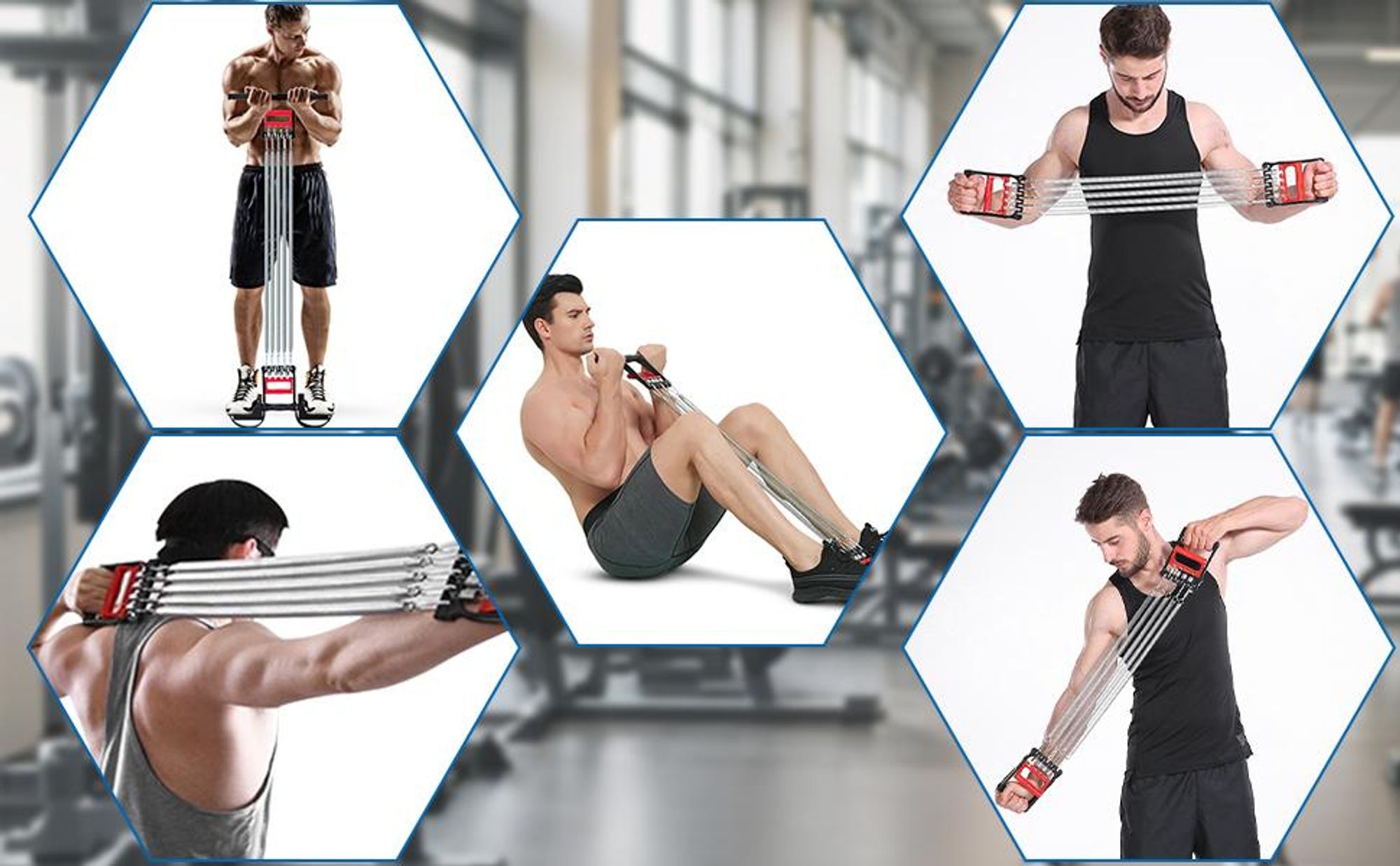 Muscle Pull Exerciser Brustmuskel, 3-in-1 Mehrfunktional Brust Expander, Bänder Krafttraining, Trainingsband, Bauchtrimmer, Handgreifer, mit 5 Federn