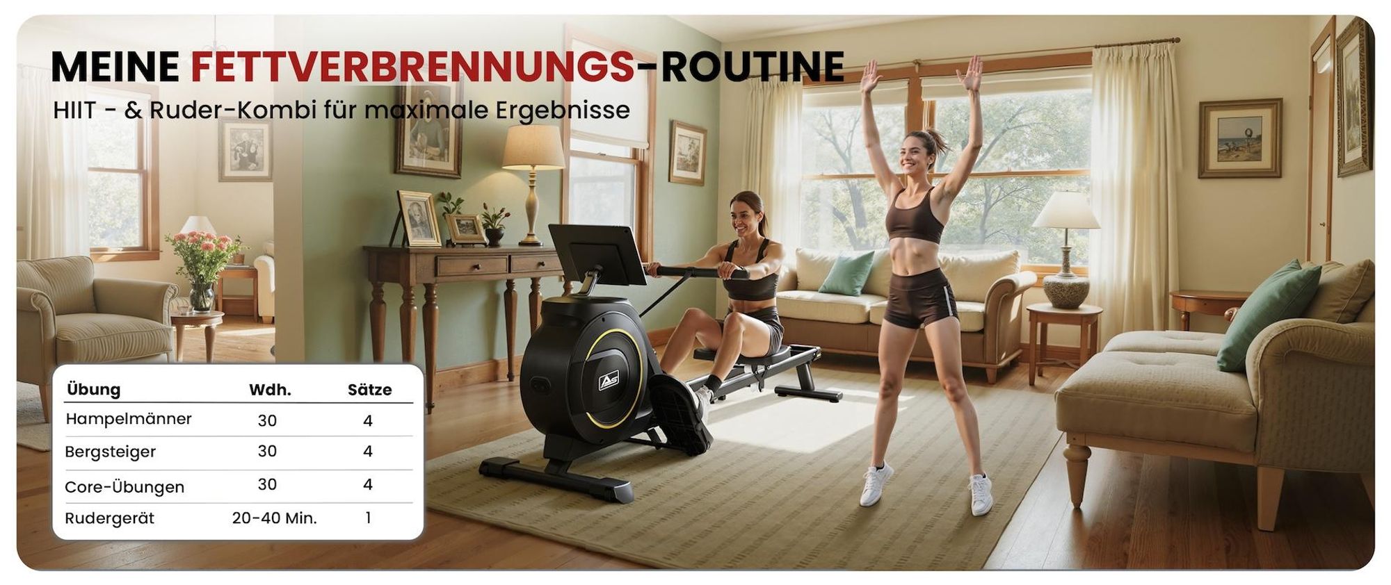 AsVIVA RA11 Rudergerät Heimtrainer, Generatorbetrieb ohne Stromanschluss, Bluetooth-App & Pulsmessung, 6,5 % Schienenneigung, platzsparend, bis 135 kg