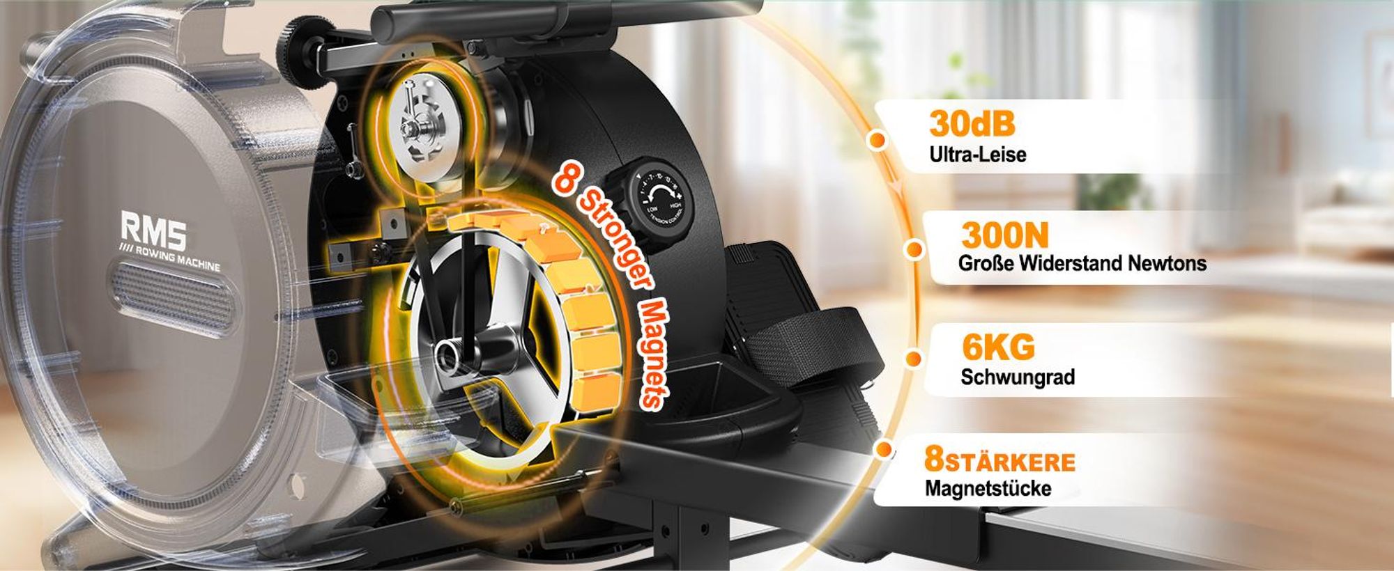 VOWVIT Rudergerät für Zuhause Magnetische Rudermachine mit Bluetooth & 16-Stufigem Verstellbaren Widerstand - 150KG Gewichtsbelastung