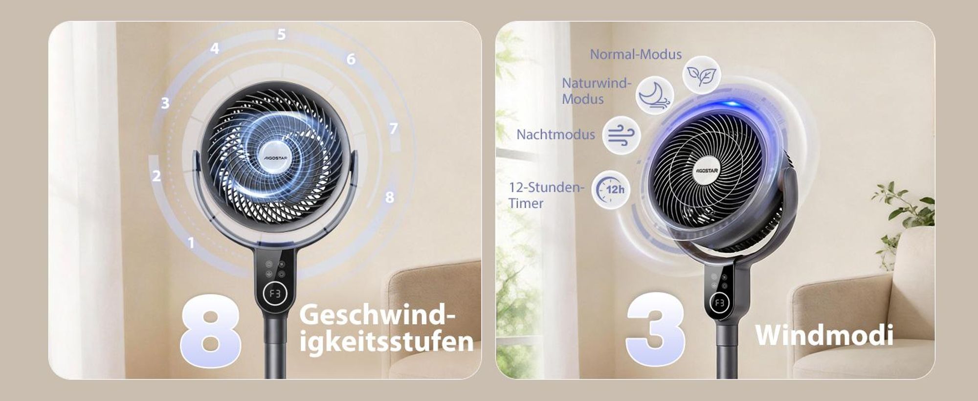 Aigostar 2-in-1 Luftumwälzer Standventilator, DC-Motor, 3D-Oszillation, 8 Stufen, leise 23dB, 12H-Timer, Fernbedienung, höhenverstellbar 80-105cm