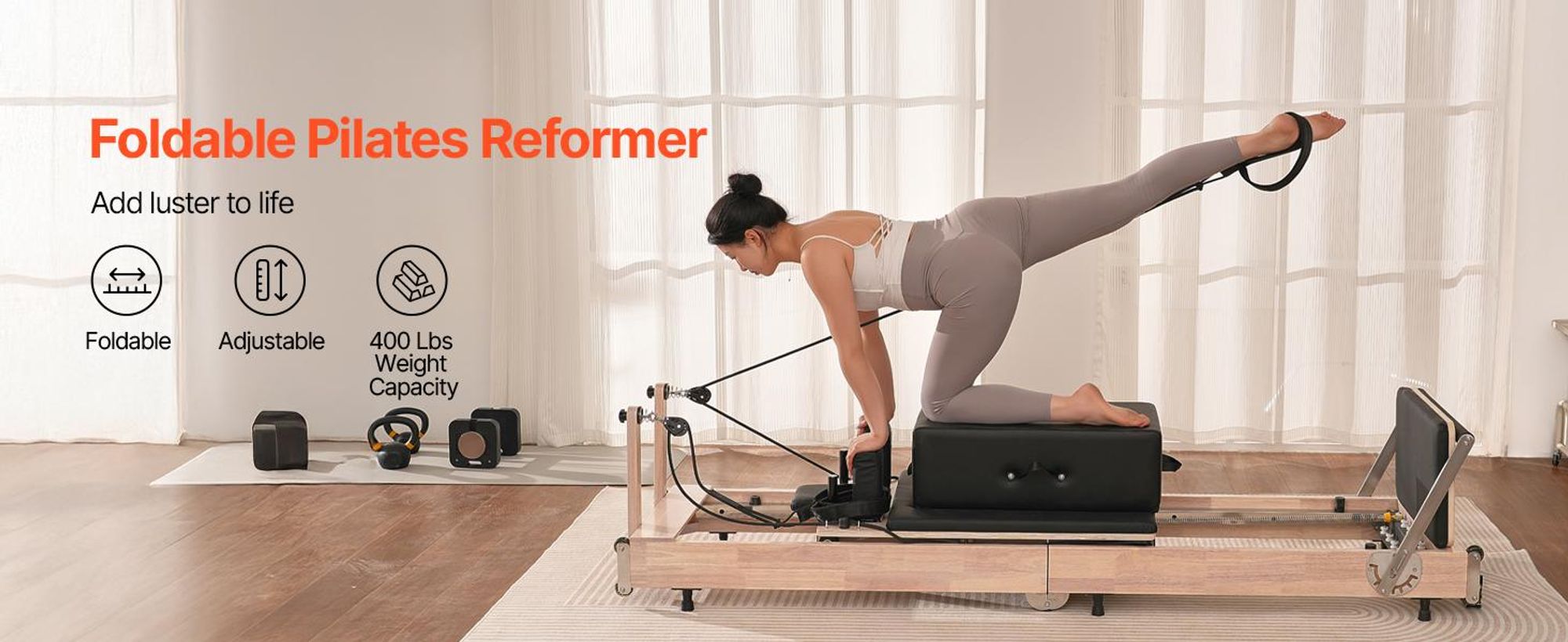 VEVOR Faltbarer Pilates-Reformer für das Heim-Fitnessstudio, Pilates-Bank mit doppeltem Widerstand – Federn und Seile, Gerätegewicht bis zu 181,44 kg