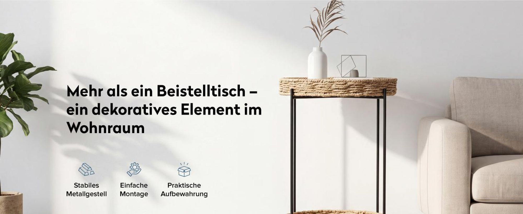 doporro Beistelltisch rund, Kleiner Tisch, Couchtisch rund mit 1 geflochtenen Ablagen aus natürlichem Papierseil,37 x 55 cm, Weiß Reglo-08