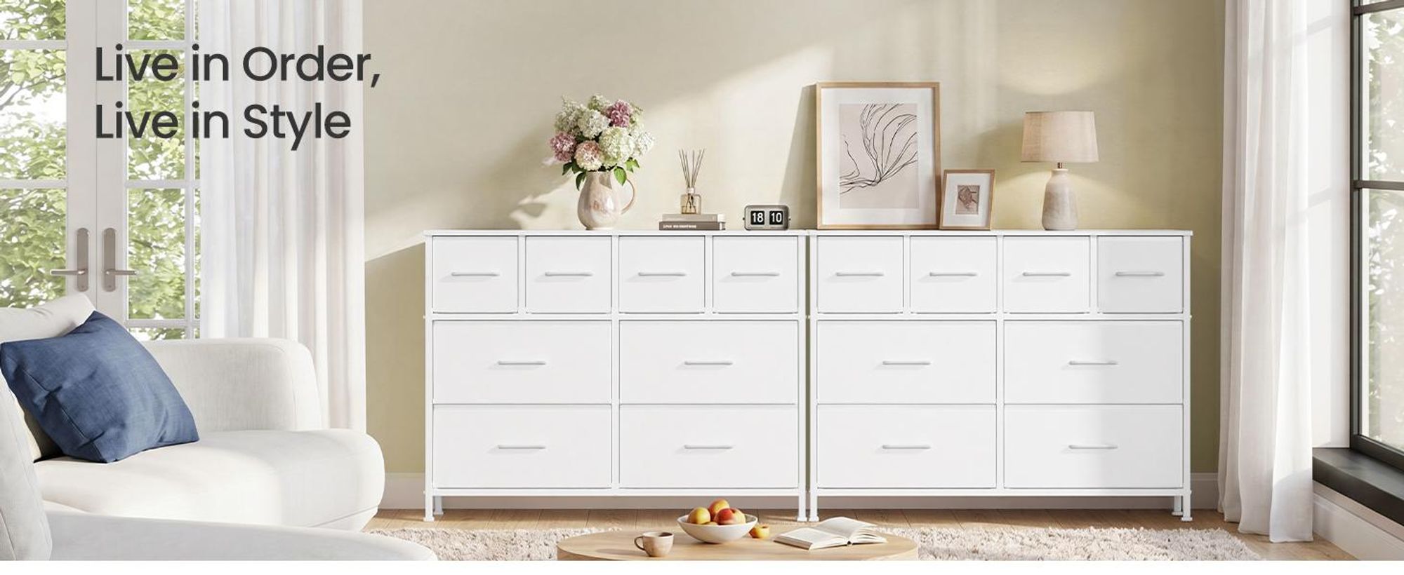 SONGMICS Kommode mit 8 Stoffschubladen, Aufbewahrungsschrank mit Metallrahmen, 98,7 x 30 x 74,7 cm, Weiß
