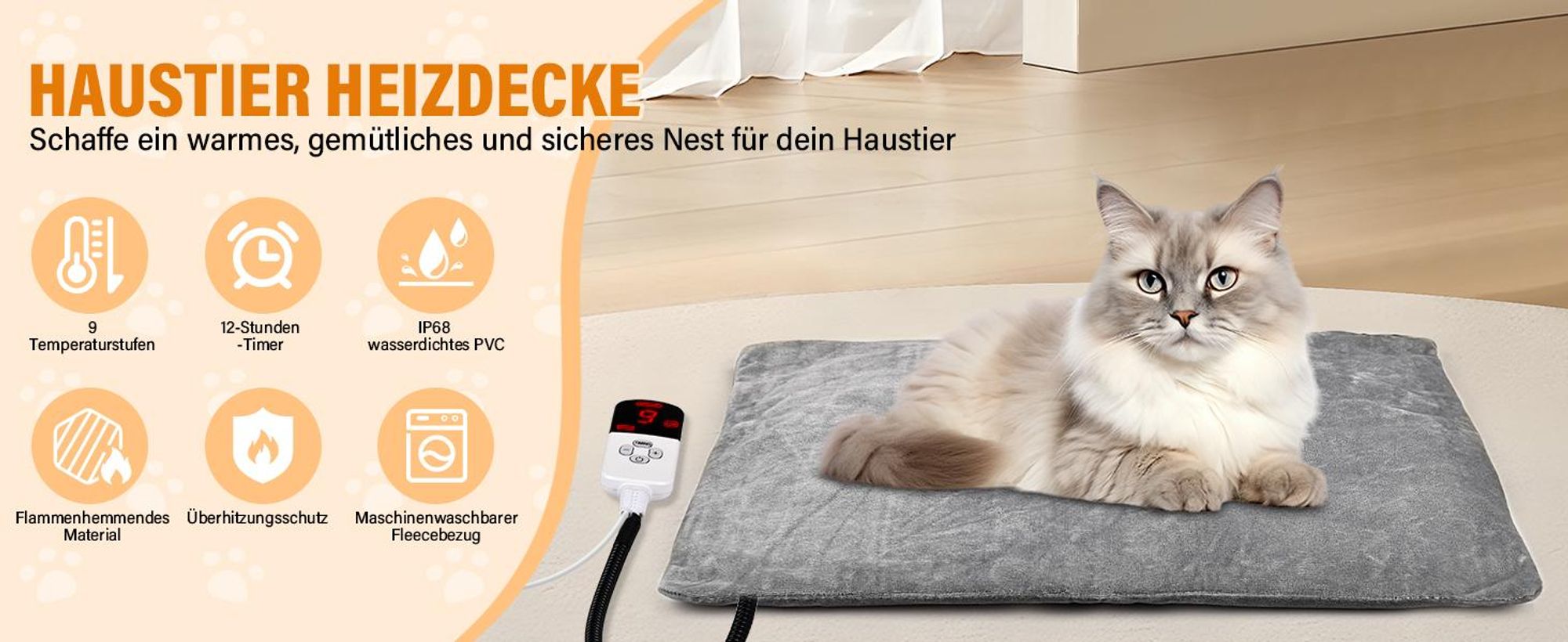 Heizdecke Hund, Heizmatte Katze, Haustier Heizkissen, Wärmematte, Wärmedecke, 9 Temperaturstufen, Waschbar Wärmedecke Elektrisch Hund mit Timer