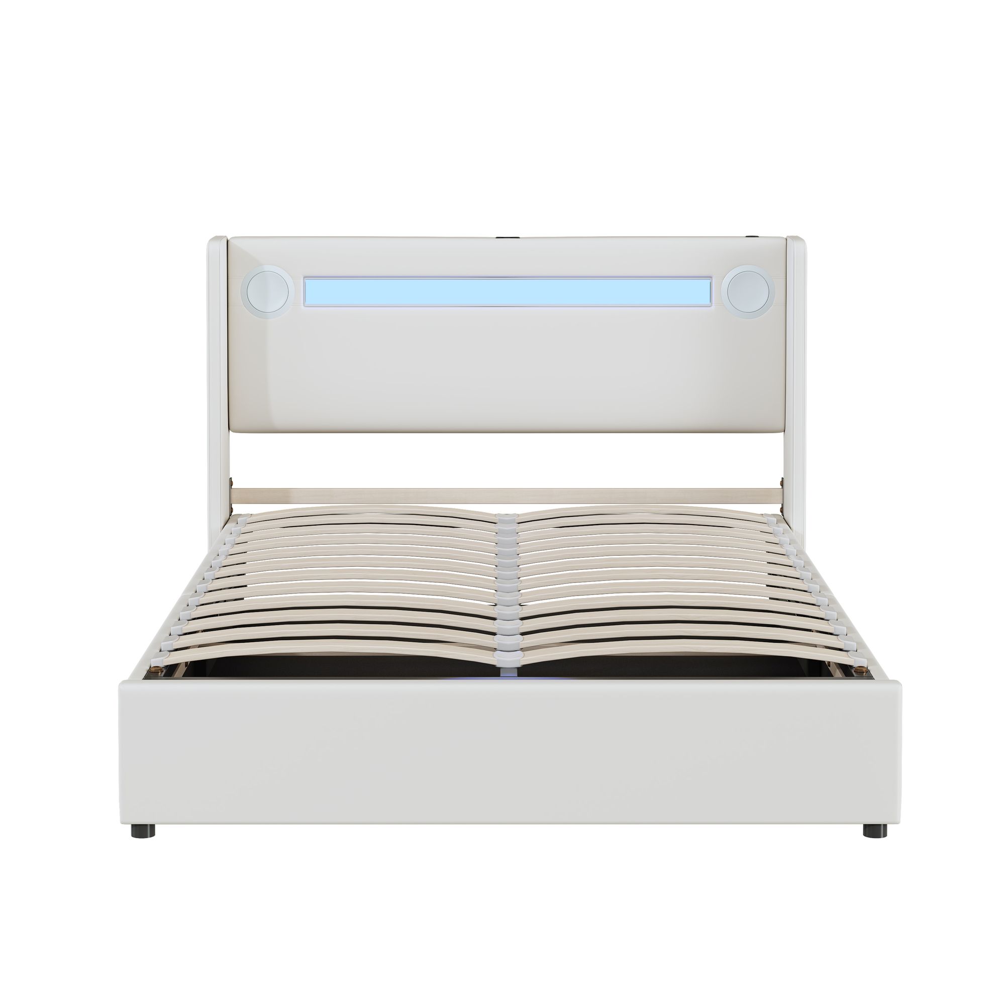 Flieks Polsterbett 140x200cm mit USB und Bluetooth-Player, Boxspringbett Doppelbett mit LED und Lattenrost, Stauraumbett Jugendbett, PU, Weiß