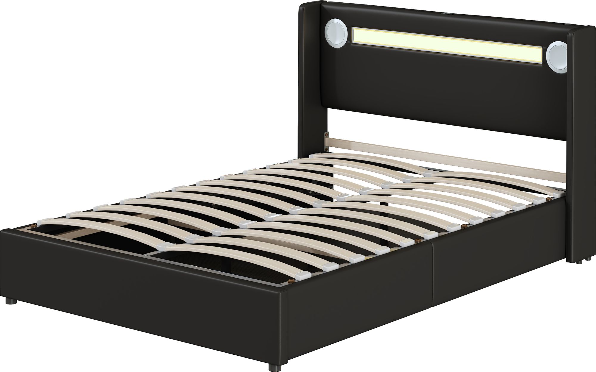 Flieks Polsterbett 140x200cm mit USB und Bluetooth-Player, Boxspringbett Doppelbett mit LED und Lattenrost, Stauraumbett Jugendbett, PU, Schwarz