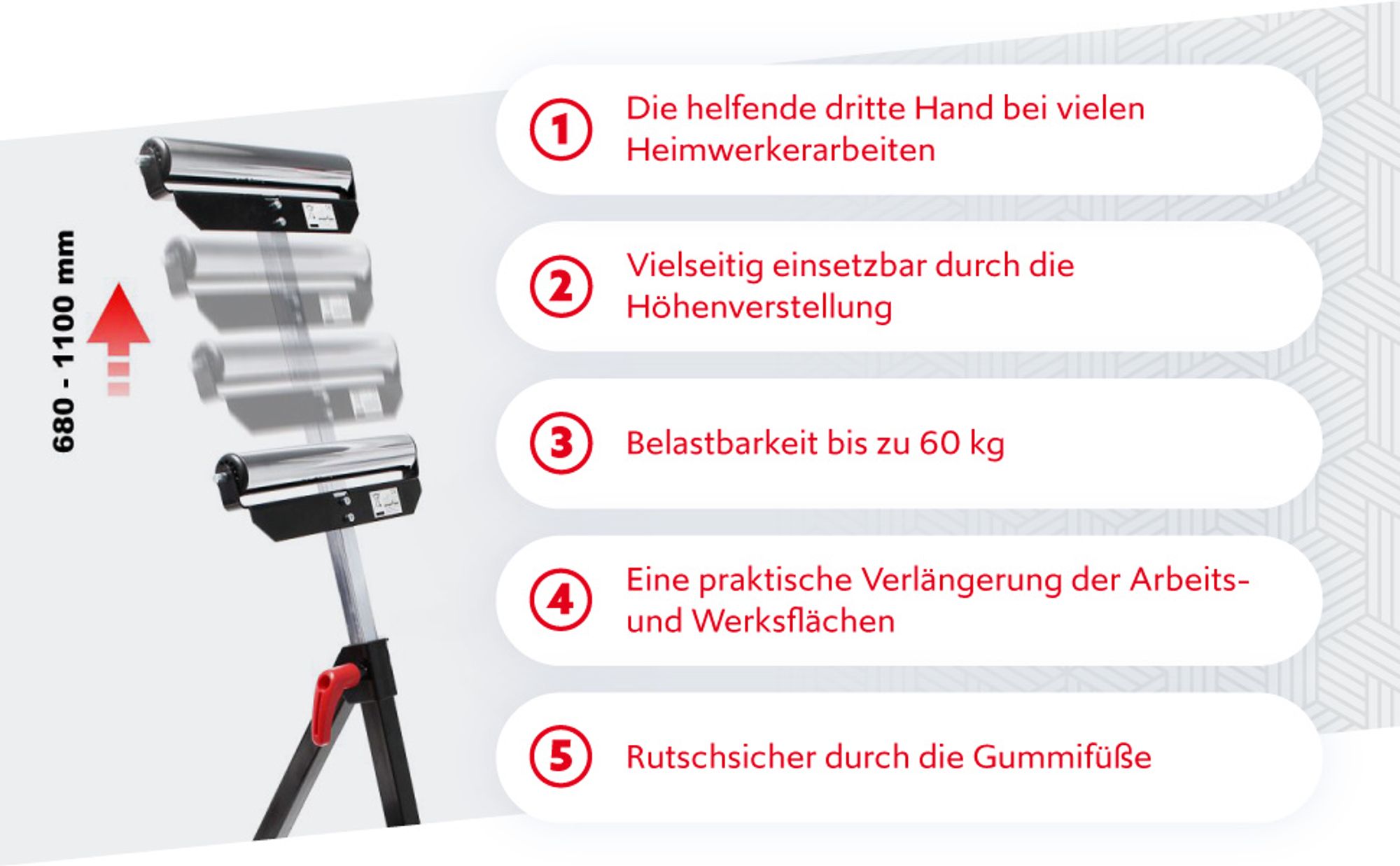 Wiltec Rollenständer bis 60 kg, Rollenbock höhenverstellbar 68-110 cm, aus Metall für Materialzuführung, Rollbock Stützbock Unterstellbock