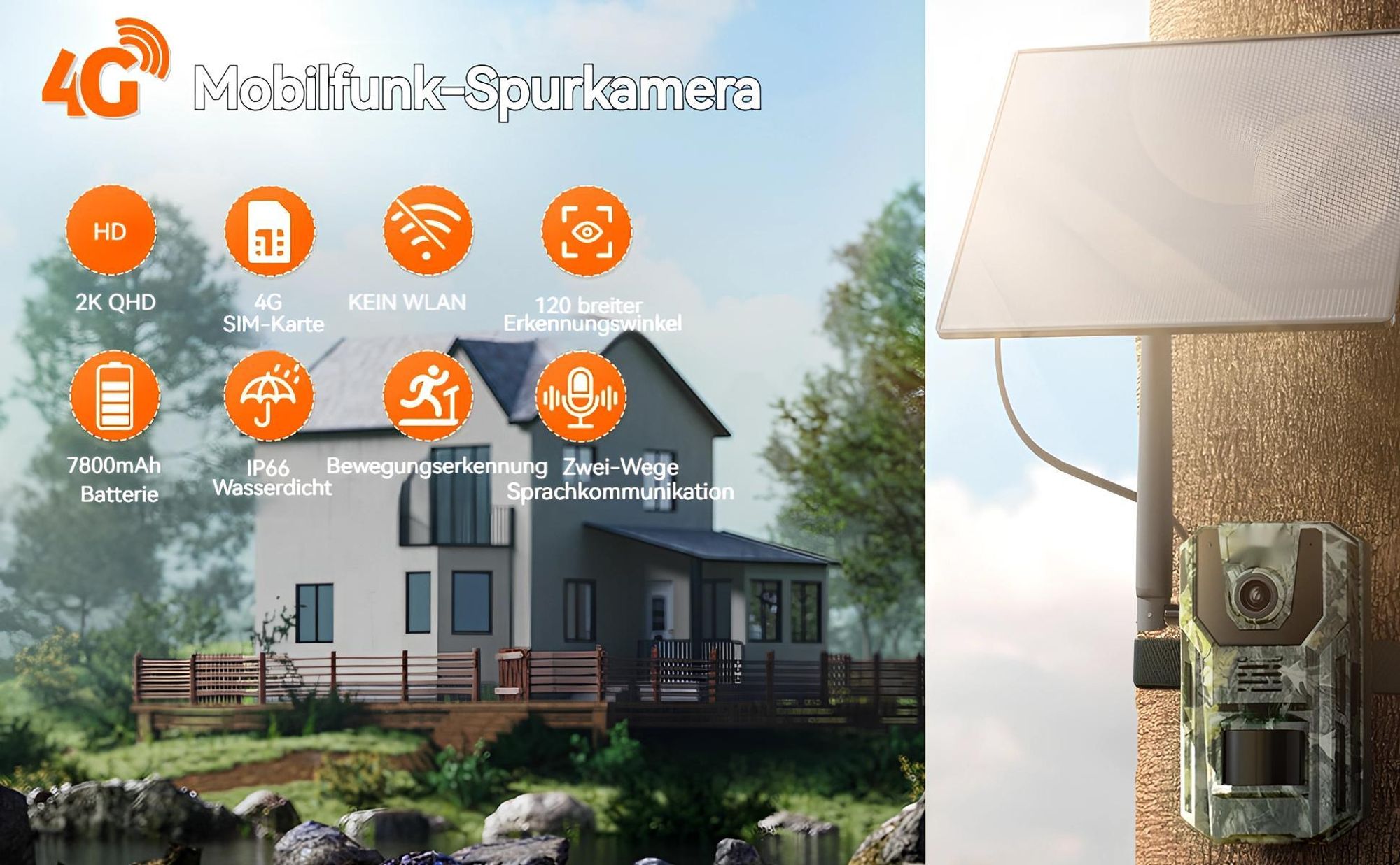 Usogood 4G LTE Wildkamera mit SIM Karte Solar, 2K Video Wildtierkamera mit Handyübertragung APP, GPS, Nachtsicht, 0.2s Auslöser
