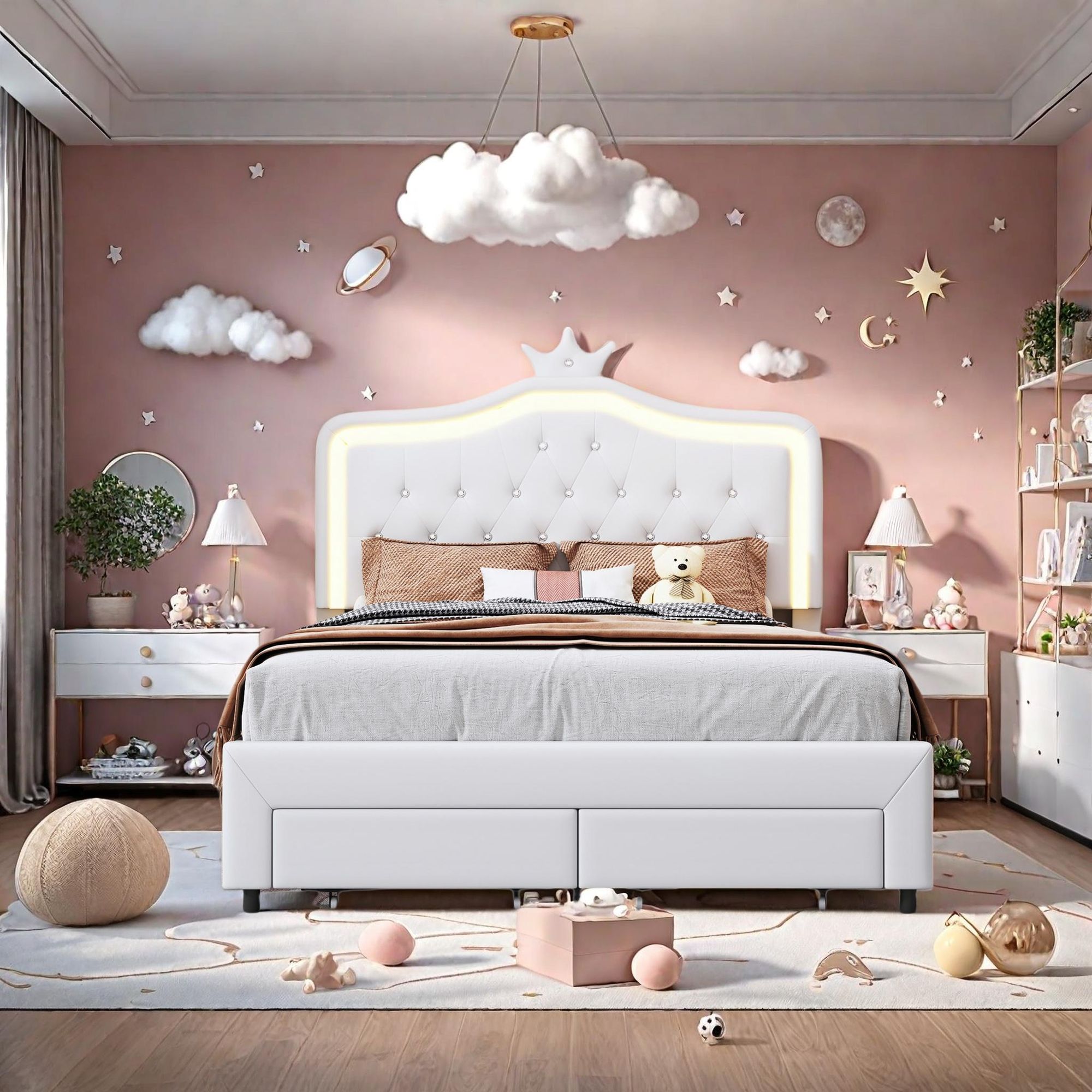 Fortuna Lai Polsterbett 140x200cm, Doppelbett Kinderbett mit Verstellbarem Kopfteil und Stauraum, Jugendbett Holzbett mit Lattenrost, PU, Weiß