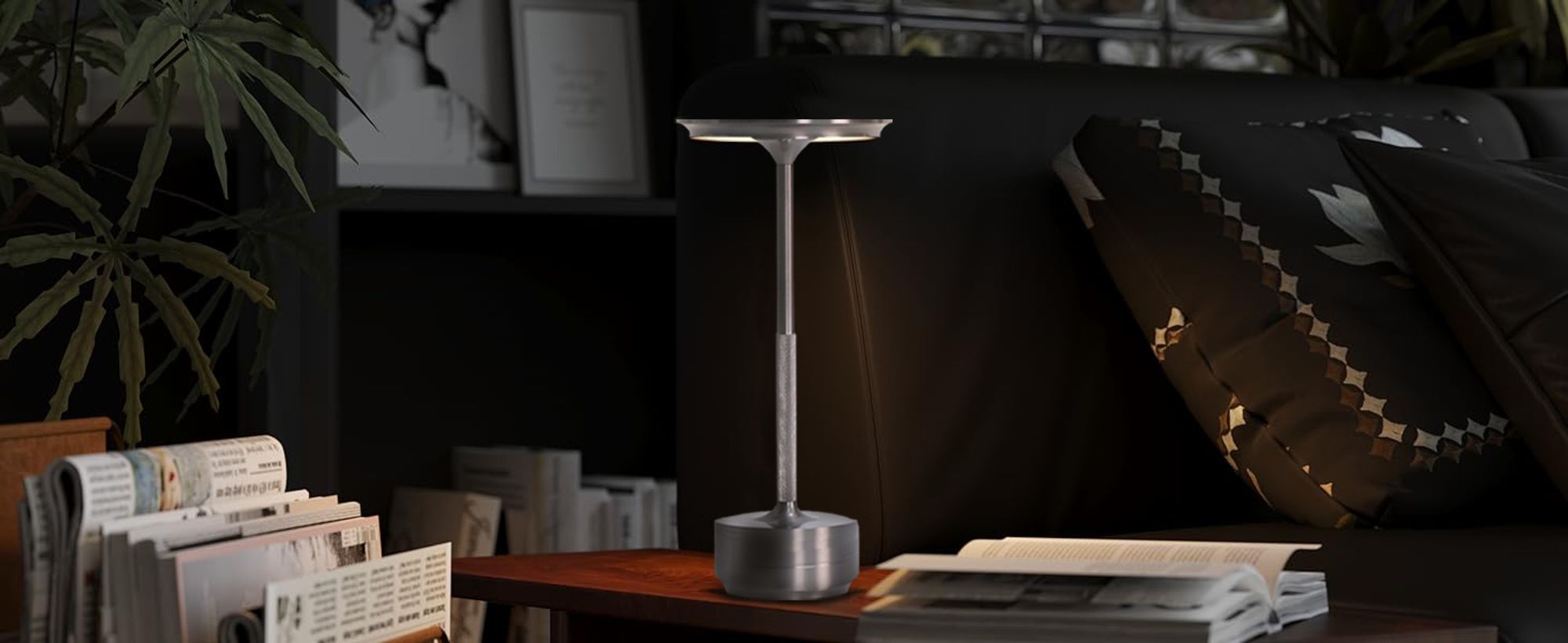 Kabellose, dimmbare LED Tischlampe mit Akku, Touch-Tischlampe, Nachtleuchte für das Wohnzimmer, dreifarbiges Licht, silbergraue Farbe
