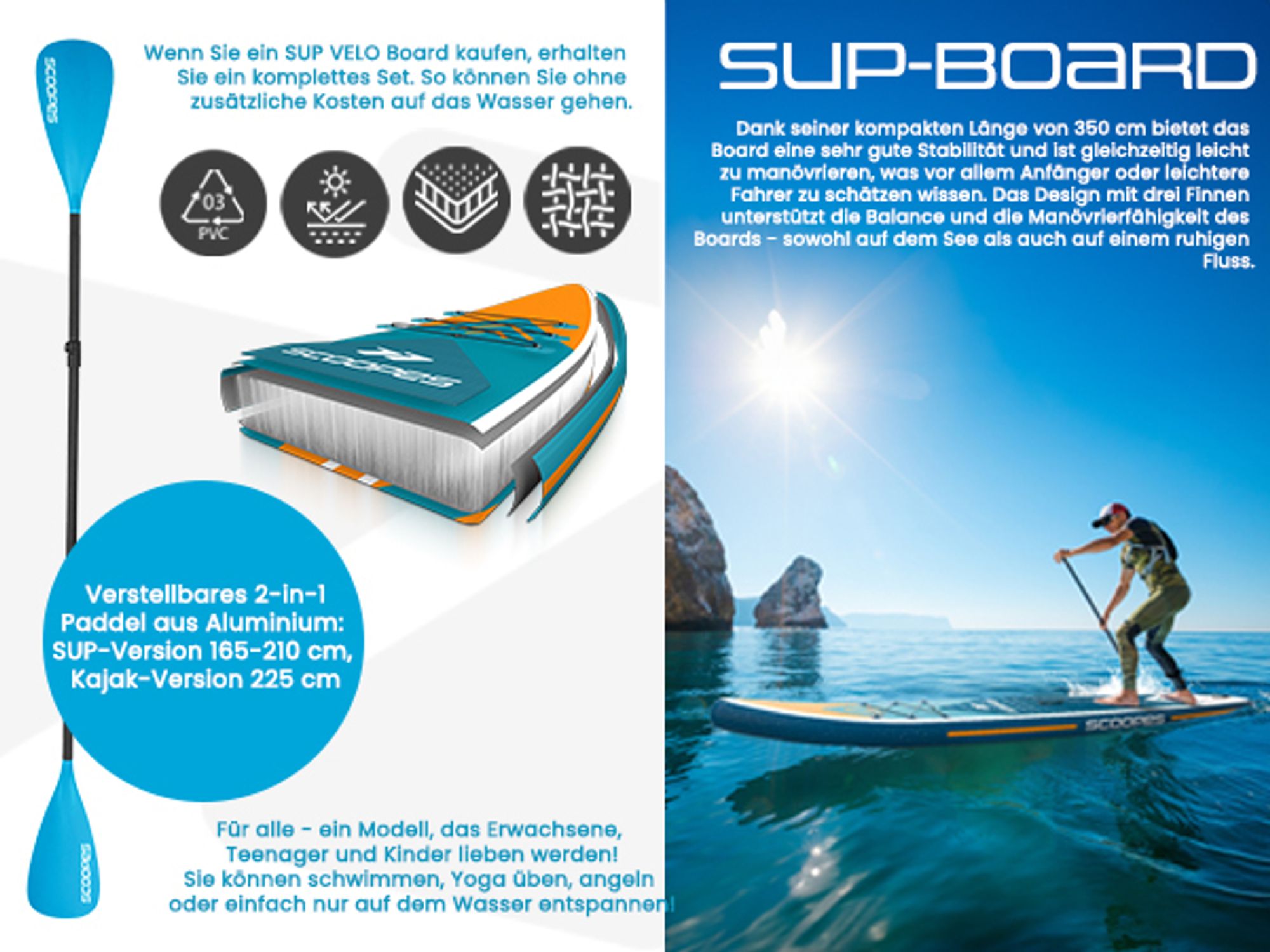 Paddle Board mit Beinring, Griff und Flossen