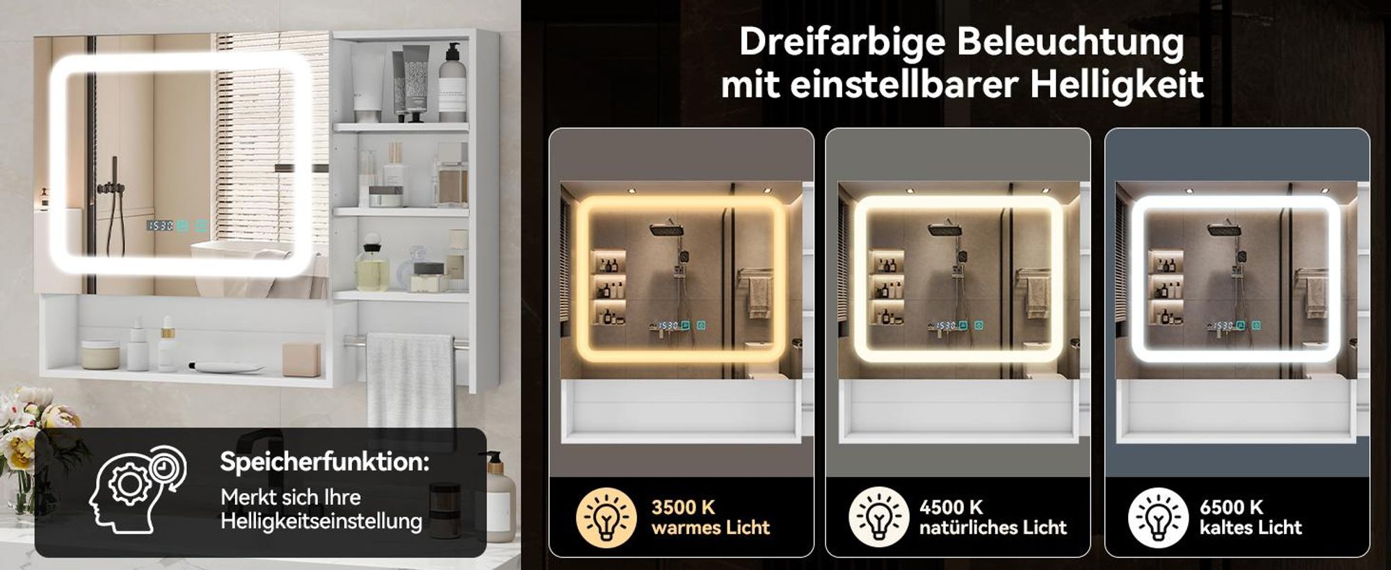 Puluomis Spiegelschrank Bad 80cm mit 3 färbiger dimmbarer Beleuchtung, Digitaler Uhr, Handtuchhalter, Antibeschlag Badezimmerschrank Wandschrank weiß