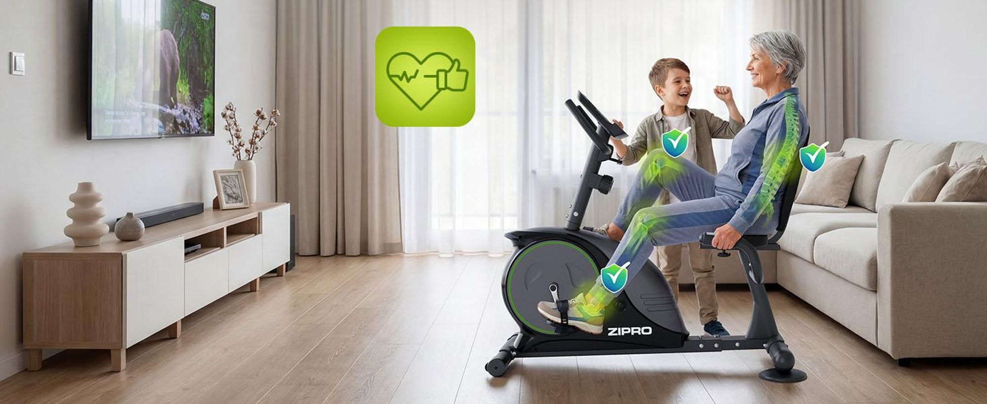 Zipro Liegeheimtrainer Easy – Magnetisches Fitnessbike Belastbar Schwungmasse Rückenlehne Leiser Sitzheimtrainer für Senioren & Reha Pulsmessung