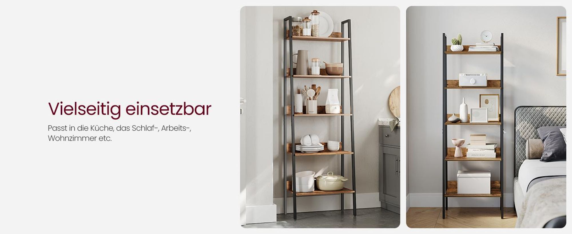 VASAGLE Bücherregal, Leiterregal mit 5 Ablagen, offen, Standregal, schmal, für Wohnzimmer, Schlafzimmer, Küche, Büro, Metallgestell, Industrie-Design, vintagebraun-schwarz LLS067B01