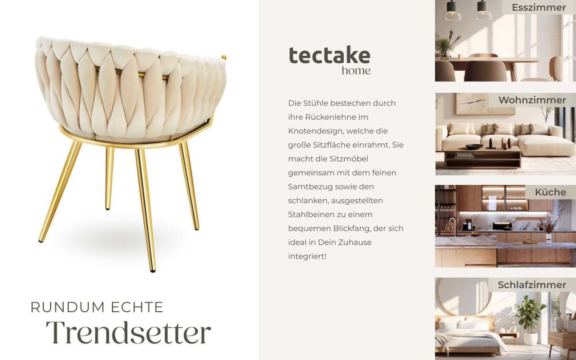 tectake® Set Esszimmerstuhl Astano gepolstert, mit Samtbezug, Knotendesign 60,5 x 55 x 75 cm