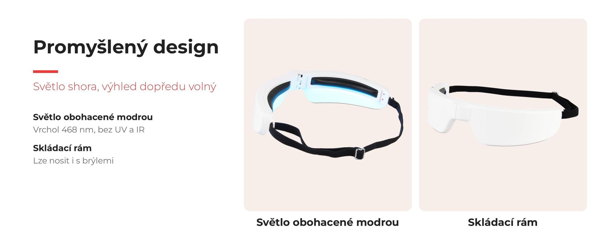 Vnitřní strana brýlí pro světelnou terapii se světlem a skládacím rámem