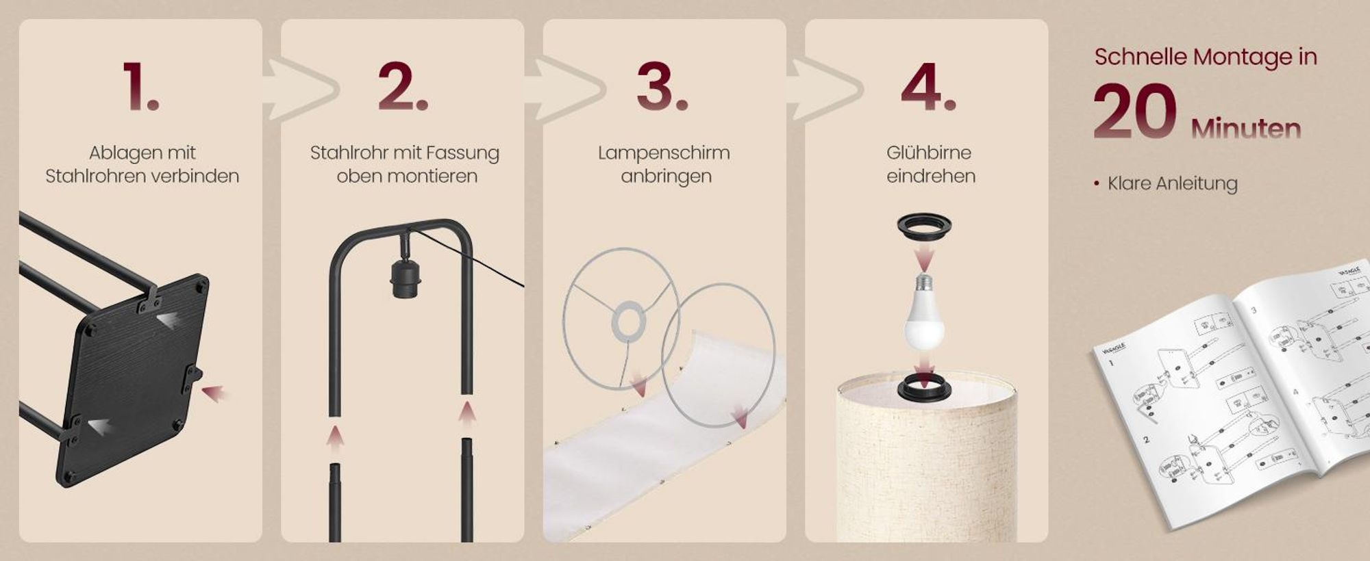 VASAGLE Stehlampe mit 3 Ablagen, Standleuchte, Stehleuchte, LED-Glühbirne inklusive, mit Fußschalter, Lampenschirm aus Stoff