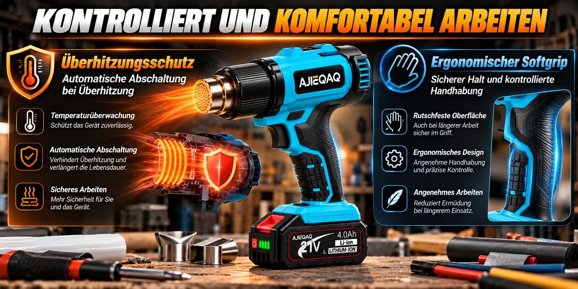 Akku Heißluftpistole 21V 2000W mit 2×4,0Ah Akku, Heißluftgebläse 300/550°C, 250/500 L/min, 2 Stufen, 3 Düsen & Koffer