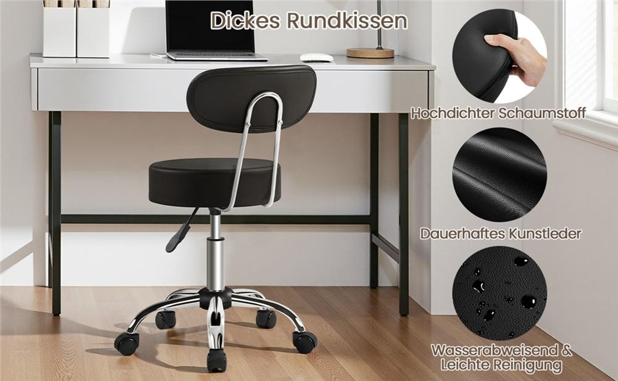 Yaheetech Drehhocker Rollhocker mit abnehmbaren Rückenlehnen, höhenverstellbarer Arbeitshocker mit Rollen, Schwarz