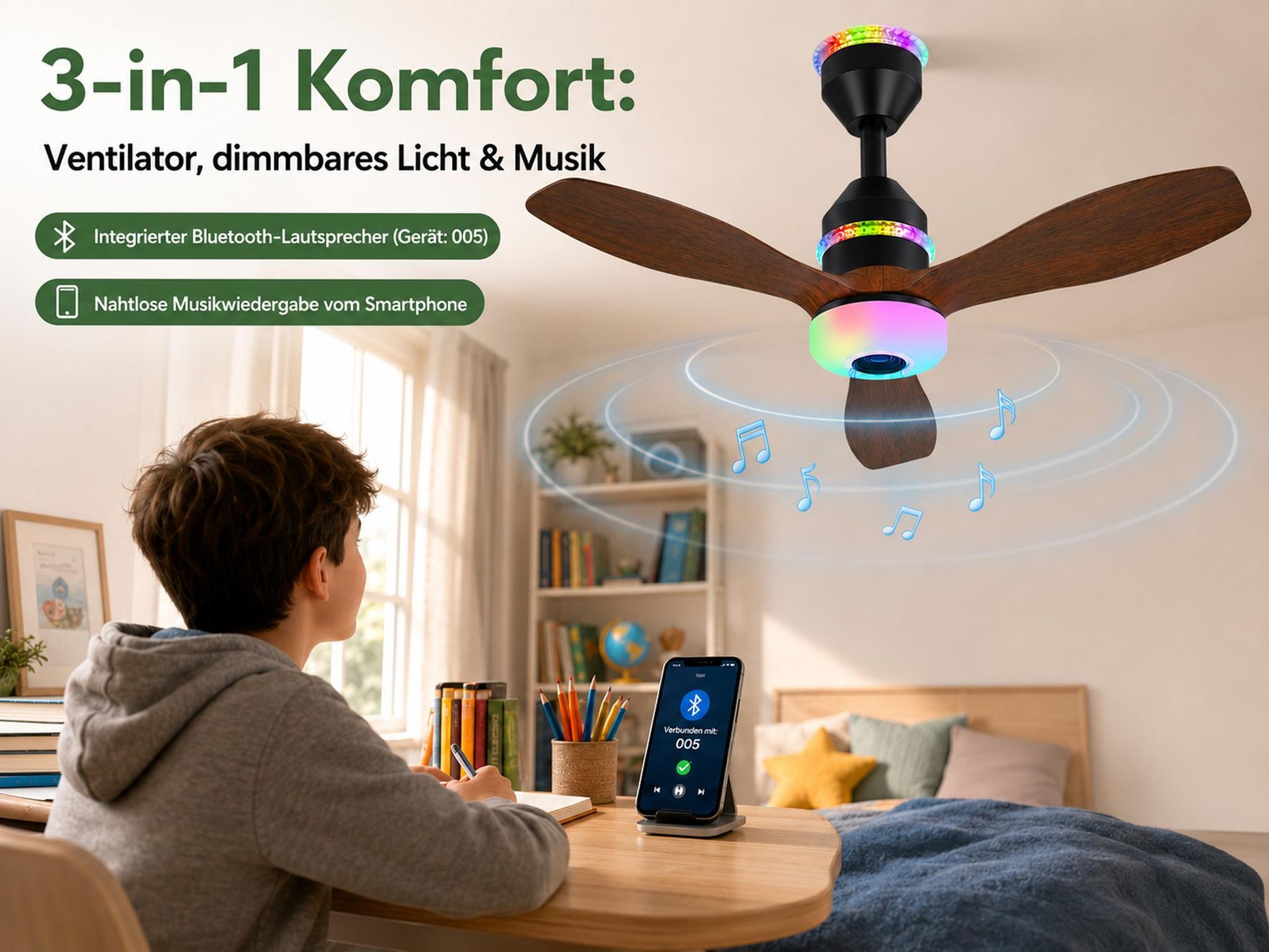 48W 60CM Deckenventilator mit Beleuchtung, LED Deckenleuchte mit Ventilator, 3 Windstufen, 3 Modi, Musik, Leise Lampe mit Ventilator Schlafzimmer