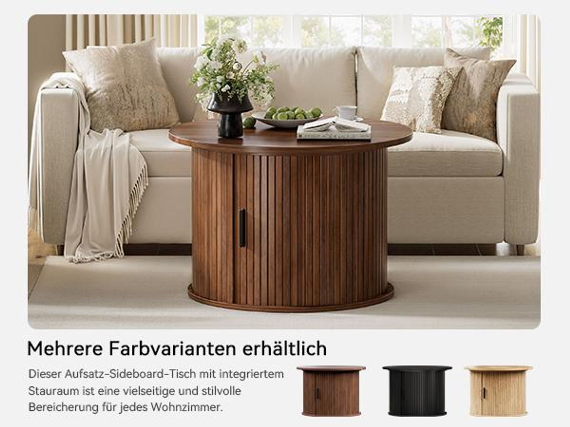 FABATO Runder Couchtisch mit Hochfahrfunktion & gewelltem Holzdekor – mit verstecktem Stauraum, offenem Regal & drehbarer Schiebetür als kleiner Essti