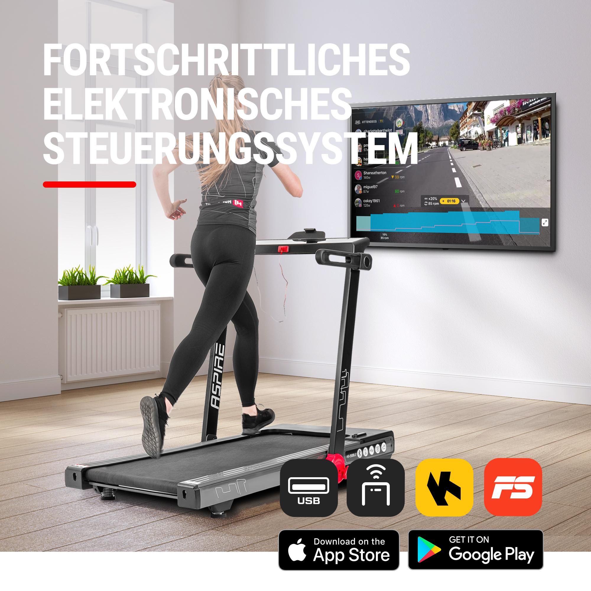 Hop-Sport Laufband für Zuhause Aspire HS-2500LB - elektrisches Laufband mit USB- und Bluetooth, bis 18km/h, bis 150 kg belastbar, Motor 3,0 HP