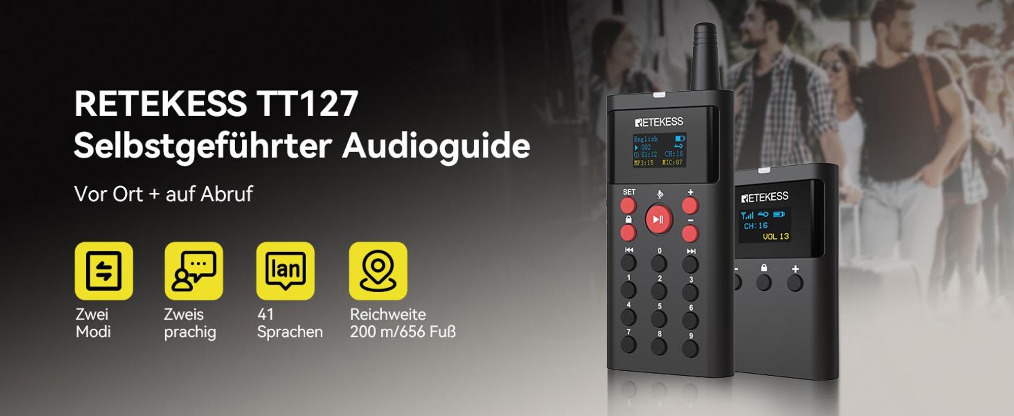 Retekess TT127 Tour Guide System, Selbstgeführtes Toursystem, 200 Meter, 41 Sprachen, 3 Modi, 16GB, mit TT123-Mikrofon, für Museen, Reisen, Kirche