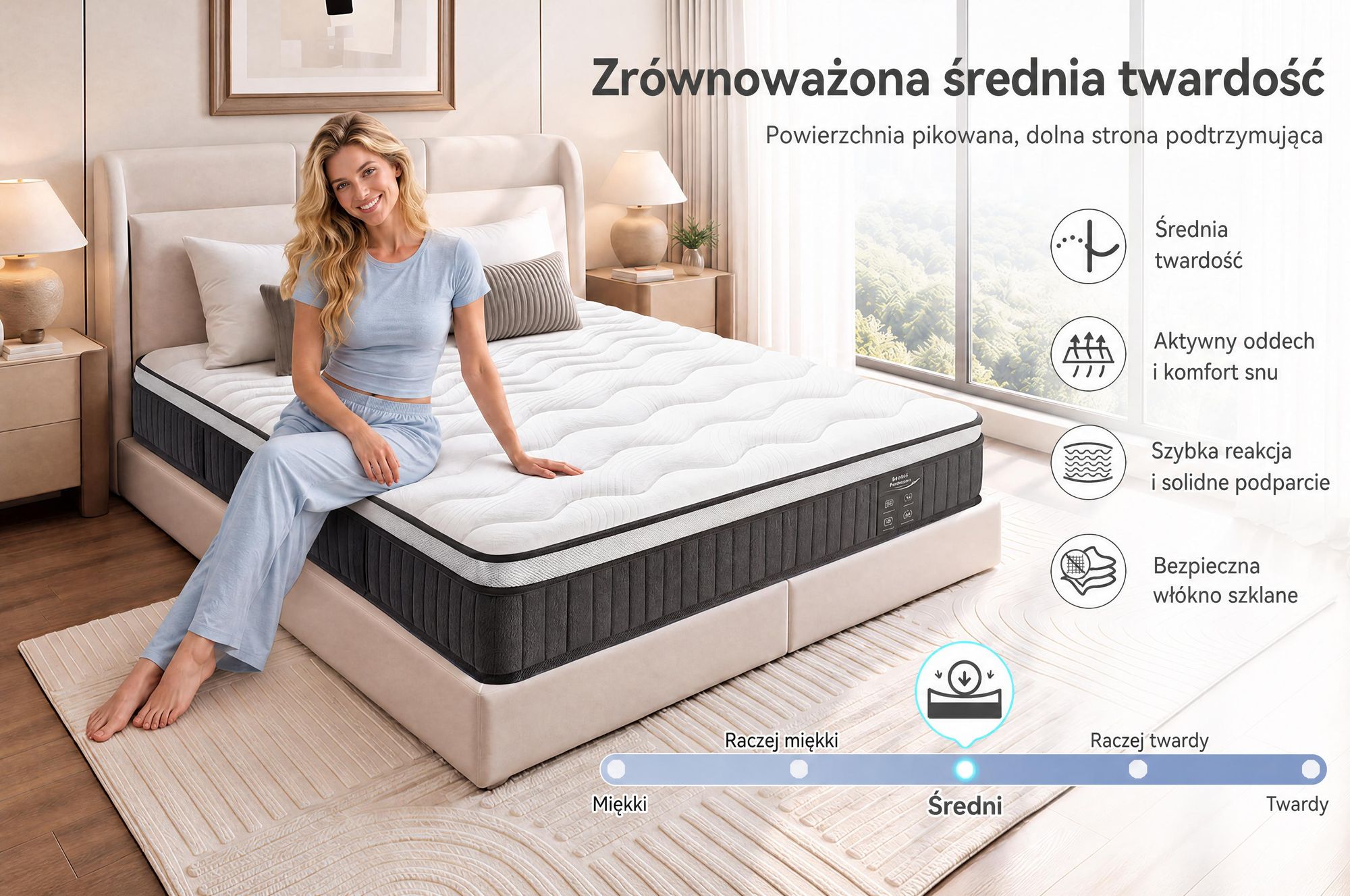 Materac 140x200 cm, wysokość 22 cm, z wbudowanym topperem, materac sprężynowy kieszeniowy, 7 stref twardości, stopień twardości H3/H4