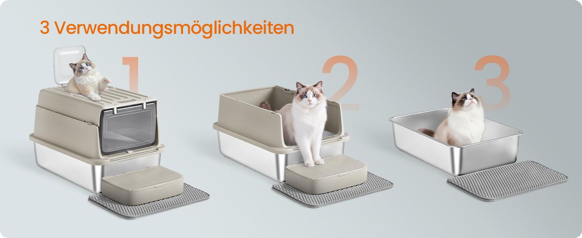 FEANDREA Katzenklo PP-Kunststoff, Edelstahl, Katzentoilette mit Deckel, Schaufel, Katzenstreumatte und 2 Eingängen, kaffeebraun