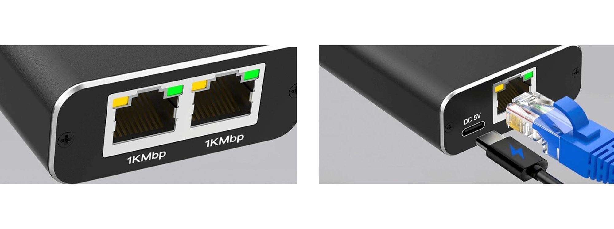 RJ45 LAN Splitter 1000Mbps Netzwerk Verteiler 1 auf 2 Switch Ethernet Adapter für Internet PC Smart TV Konsole Aluminium Gehäuse 5V Stromanschluss