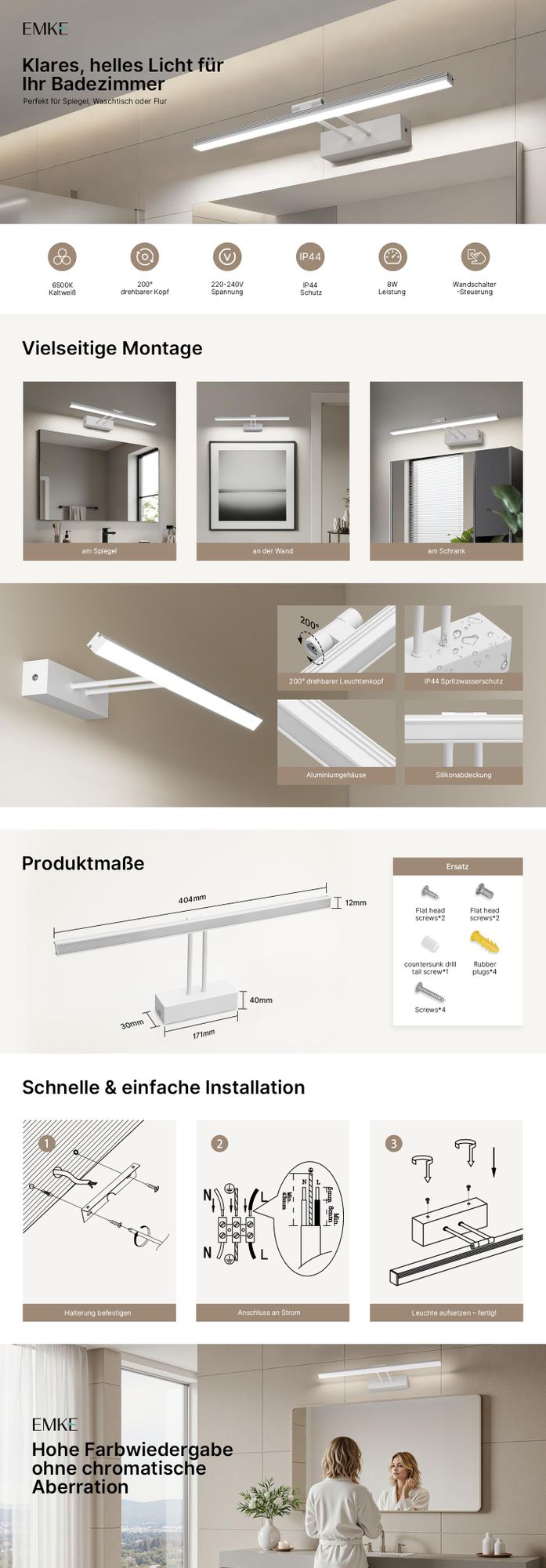 EMKE LED Spiegellampen Spiegelleuchte IP44 für Bad LED-Wandleuchte 40cm, 200° drehbar Schrankleuchte Weiß 6500K
