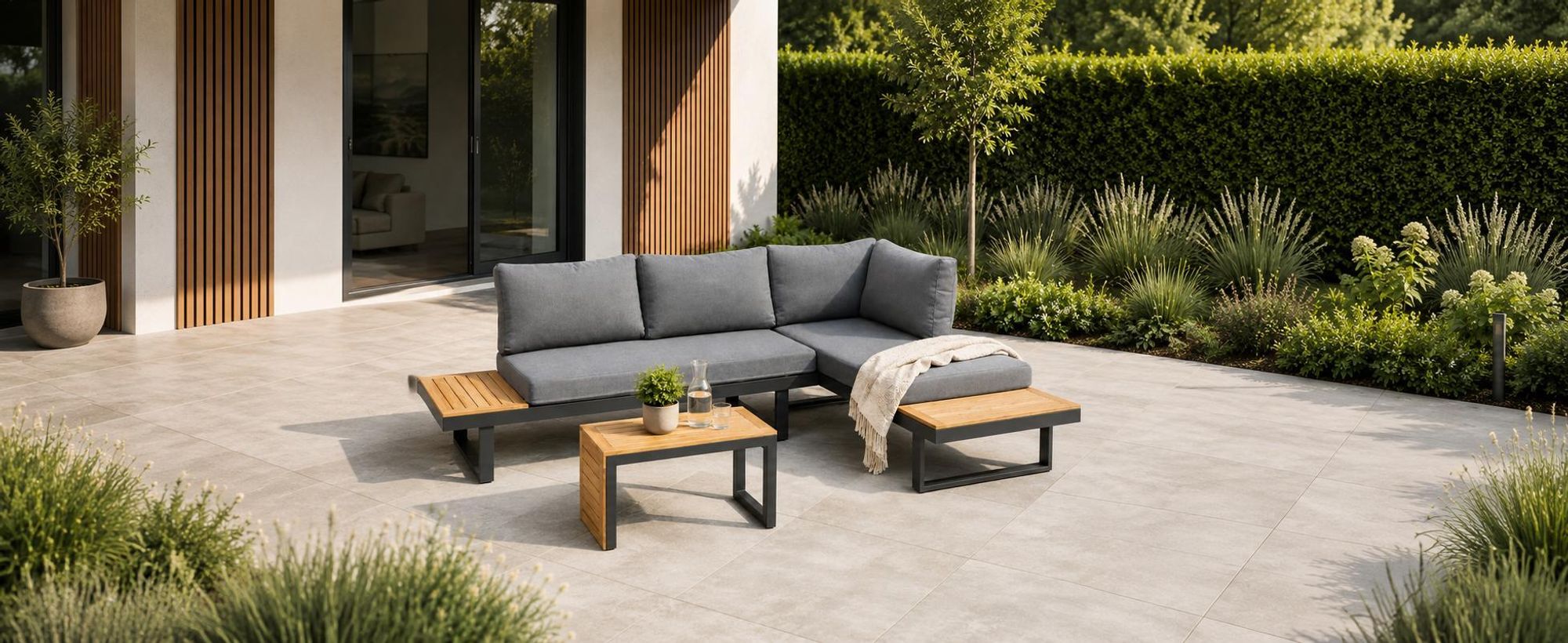 Moderne Gartenlounge mit grauen Polstern und Holzdetails für Terrasse und Garten