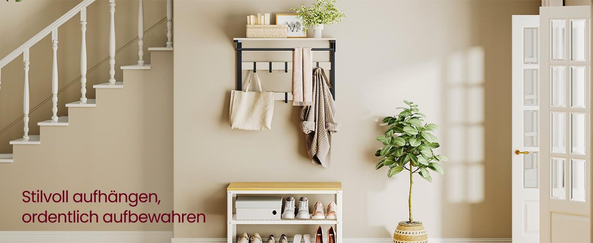 VASAGLE Wandgarderobe, mit Ablage, Wandregal mit 10 abnehmbaren Haken