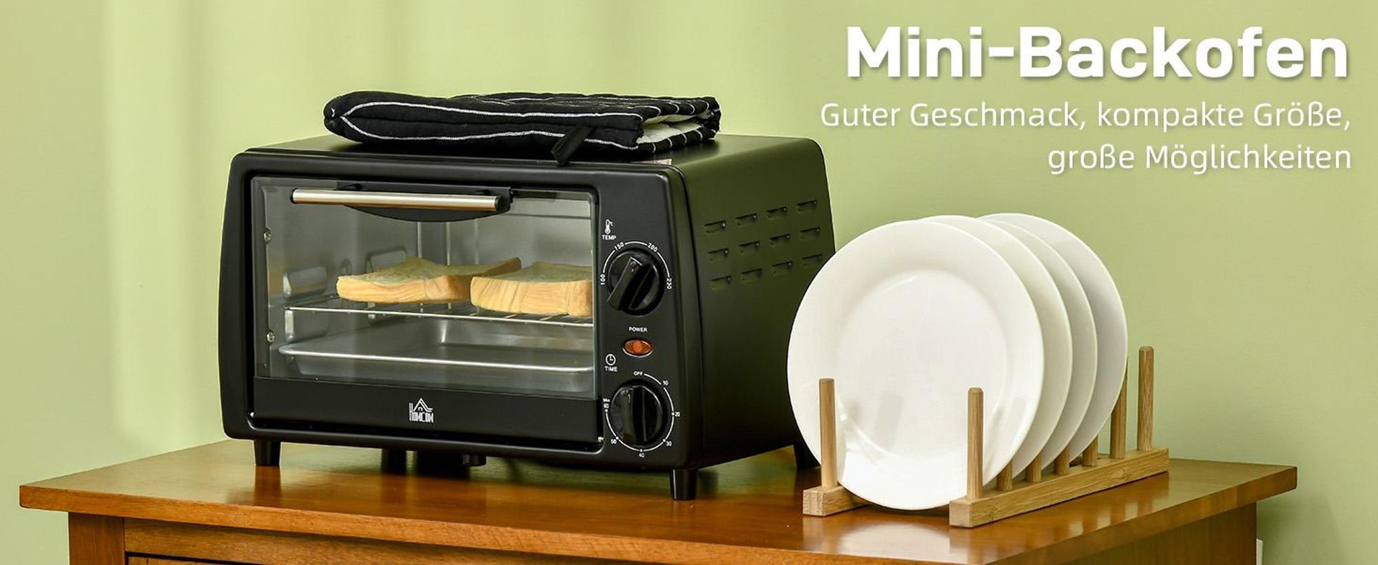 HOMCOM Mini Backofen 10 Liter 750W Kleiner Elektrobackofen, Schwarz
