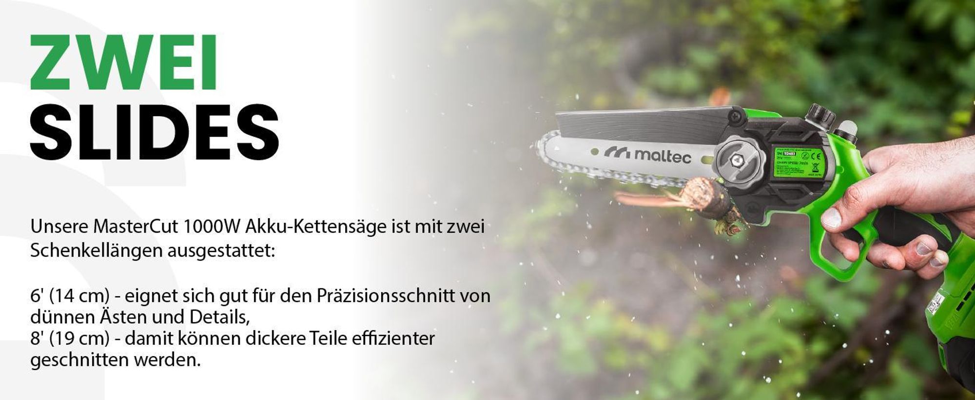 Elektro Handkettensäge mit 2 Akku und Führungen 6+8“