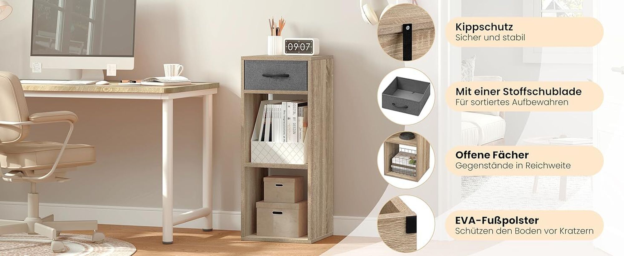 WOLTU Bücherregal mit 3 Ebenen, 1 Stoffschublade 2 Würfeln, 32,4x80x30 cm, Helle Eiche