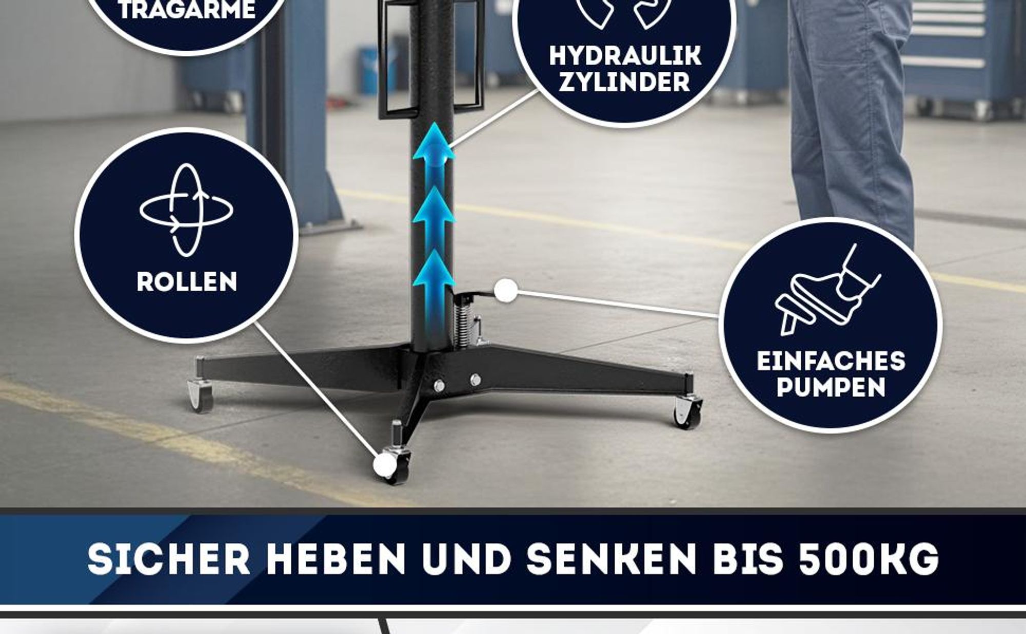 WERKTHOR Getriebeheber 500 kg hydraulisch, höhenverstellbar 113–195 cm, rollbar mit 4 Lenkrollen & Fußpedal, Kfz Motorheber, schwarz