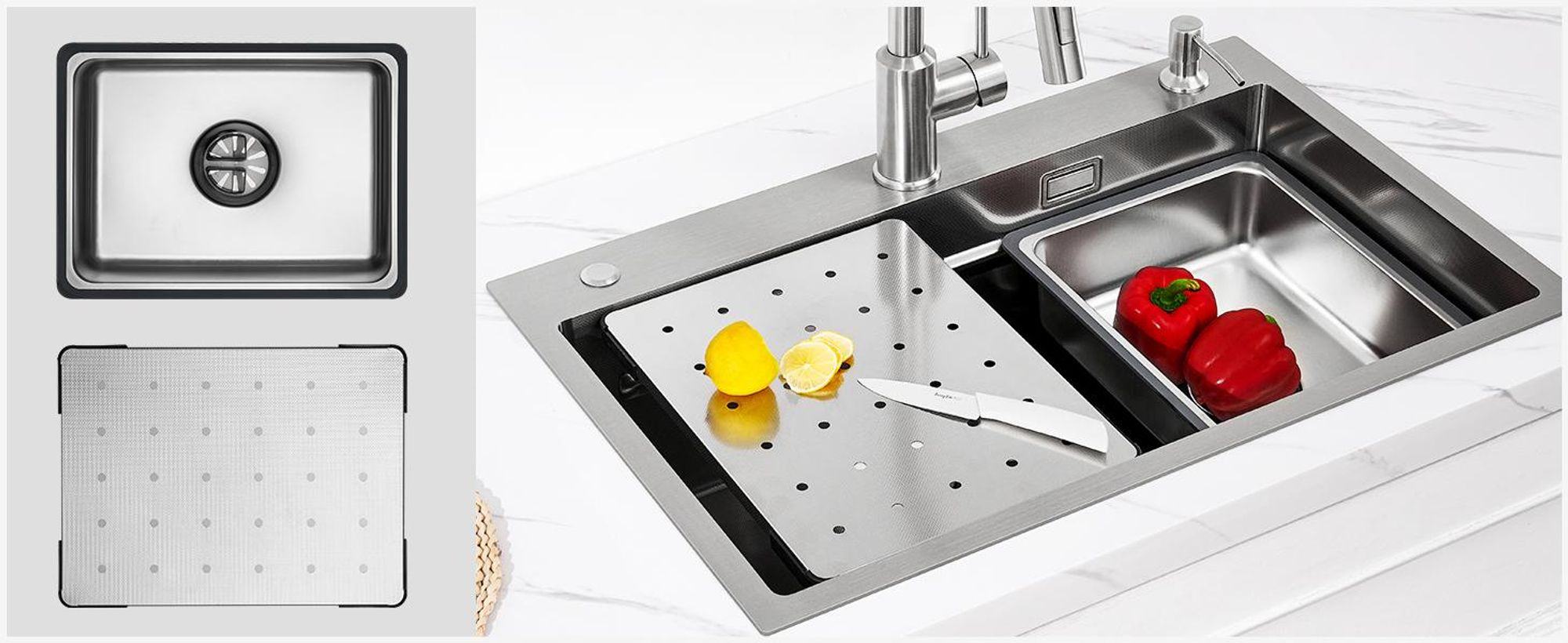 Cecipa Edelstahlspüle 70x45 cm Küchenspüle mit Stufe & Zubehör, Einbauspüle Edelstahl Silbern, Hitzebeständig Kratzfest, Spülbecken mit Siphon