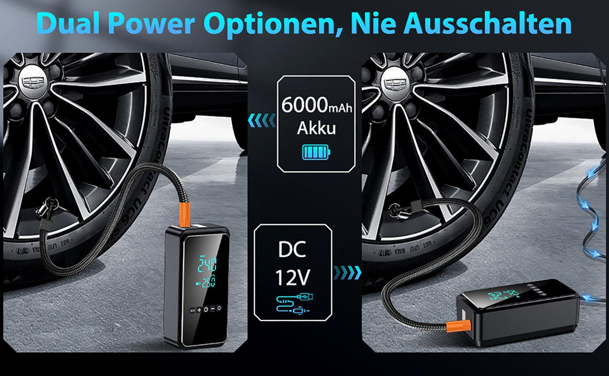 Elektrische Luftpumpe 150PSI, Tragbarer Akku Kompressor 12V 6000mAh, Wiederaufladbare USB-C Luftpumpe Fahrrad Elektrisch mit Notbeleuchtung und Digita