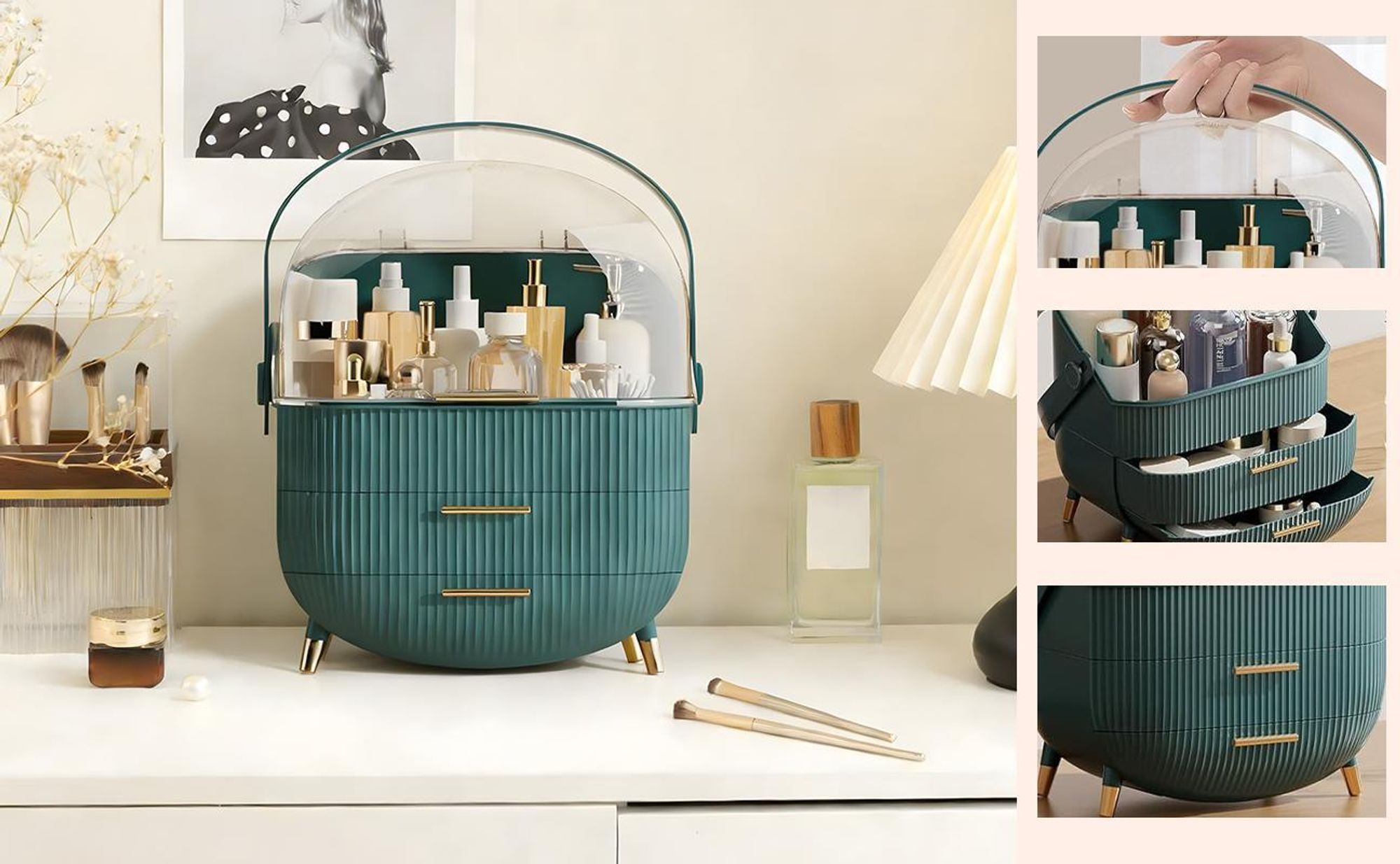 ZMH Make-Up Organizer Kosmetikorganizer mit 2 Schubladen Aufbewahrungsbox(26x16x38 cm)für Kosmetik Lippenstifte Schlafzimmer Kommode Dunkelgrün