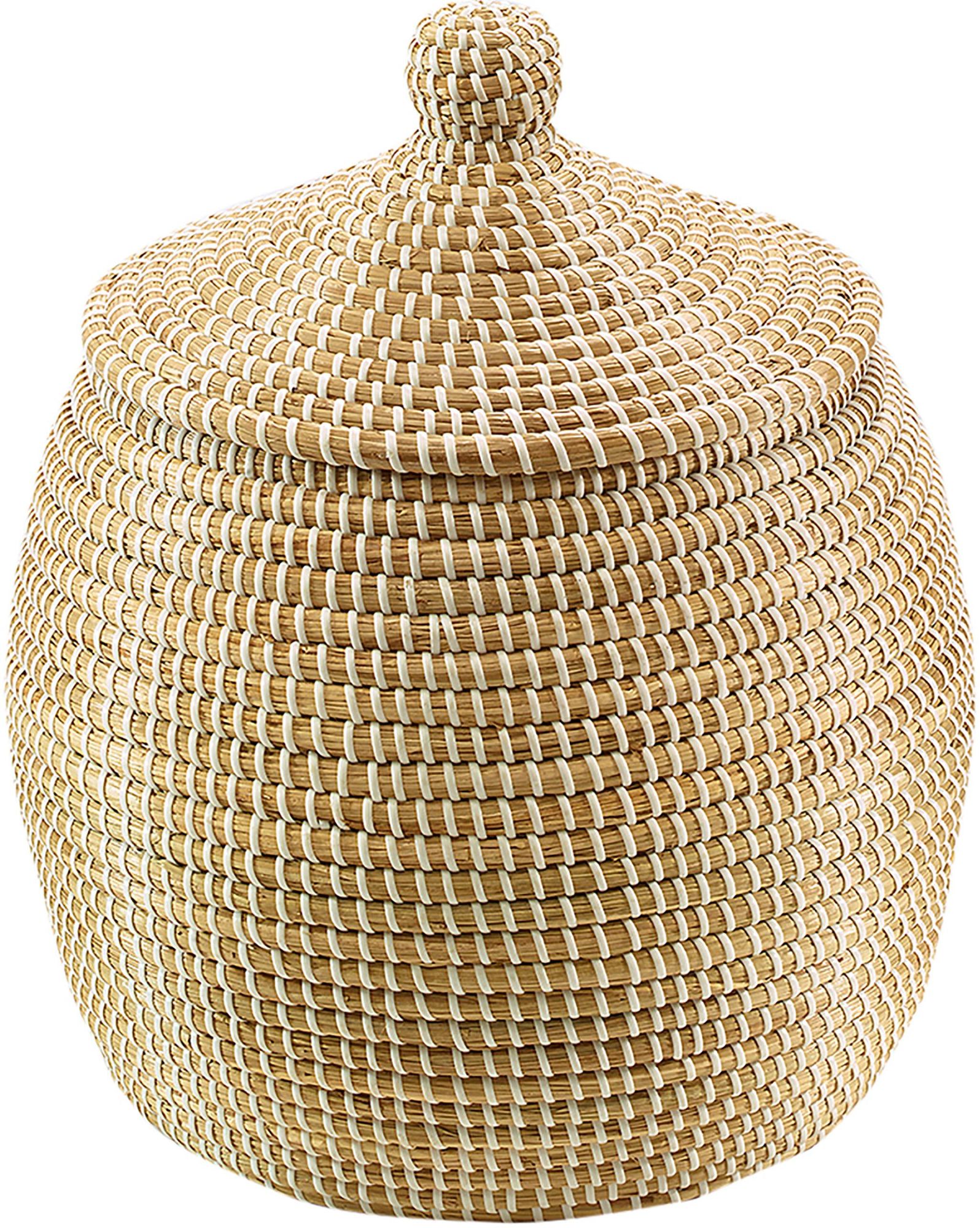 Kobolo Aufbewahrungskorb 34x32 cm natur aus getrocknetem Seegras mit weißem Kunststoff umwickelt. mit Deckel Schlangenkorb Wäschekorb Körbe Box Boxen