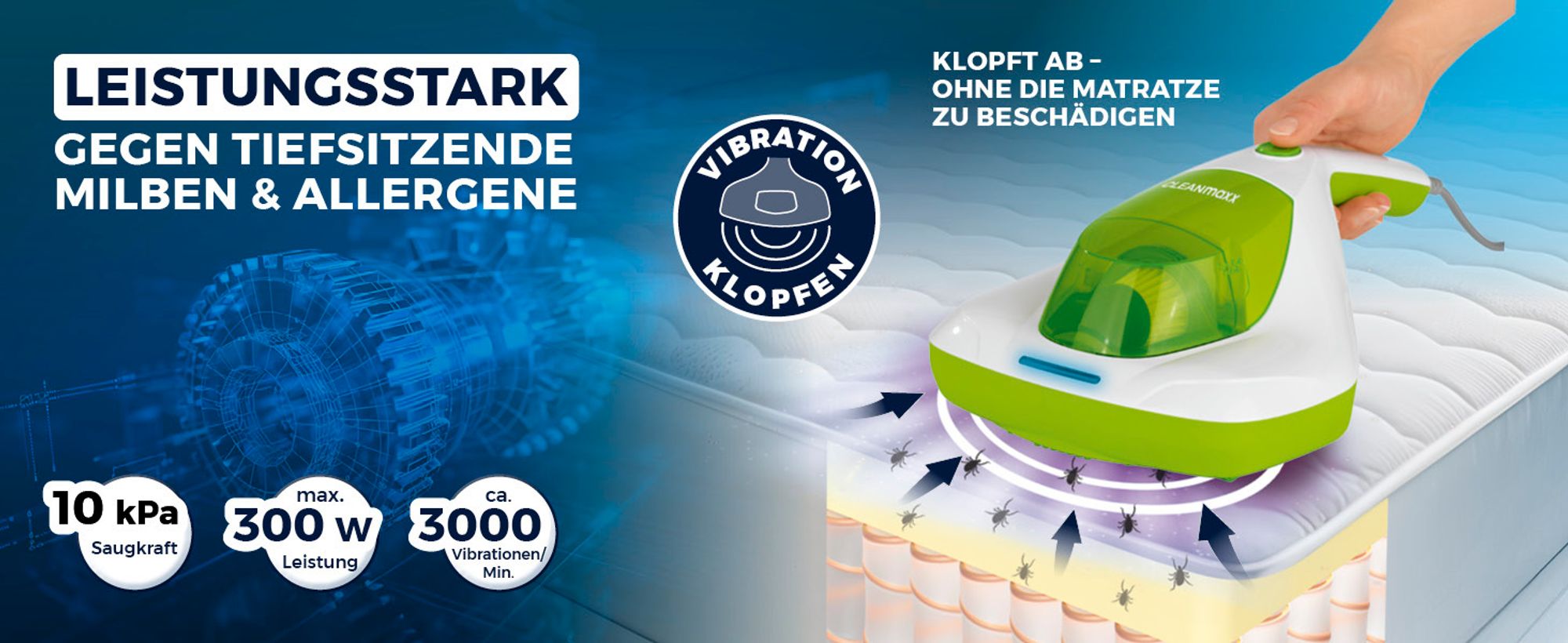 CLEANmaxx Milben-Handstaubsauger Kompakt Mit UV-C Licht Weiß/limegreen