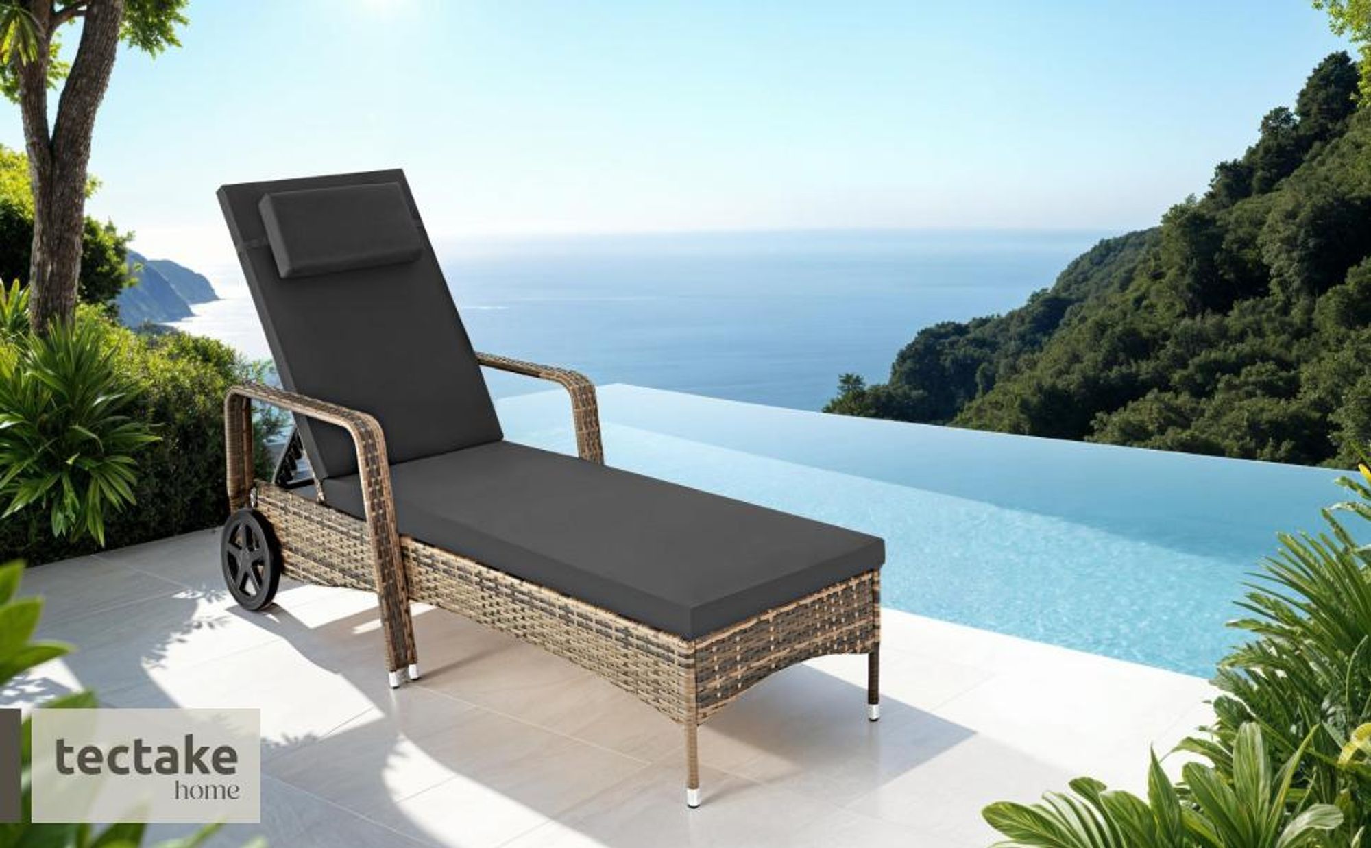 tectake Rattan Sonnenliege mit Rollen - Hochwertiges Rattan, 6-fach verstellbar, 200x70x33 cm - Pflegeleicht, Gummierte Räder