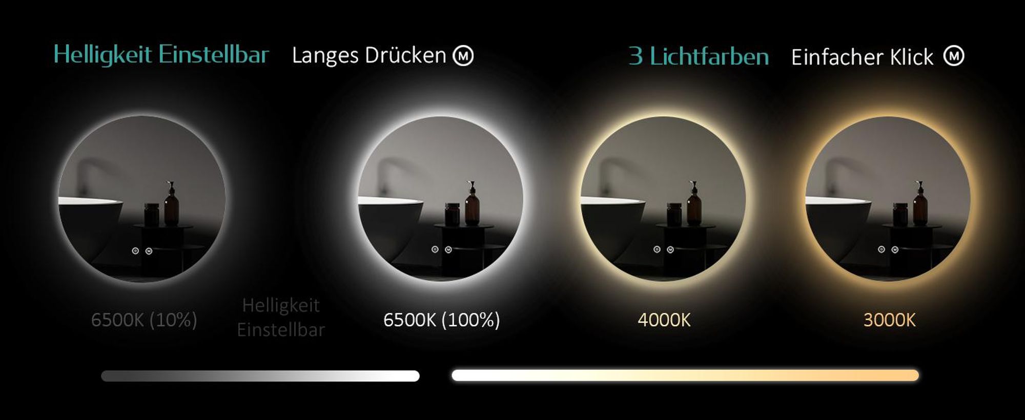 EMKE LED Badezimmerspiegel Badspiegel mit Beleuchtung Rund 60cm 3 Lichtfarben Dimmbar Lichtspiegel mit Touchschalter Energiesparend LED Spiegel