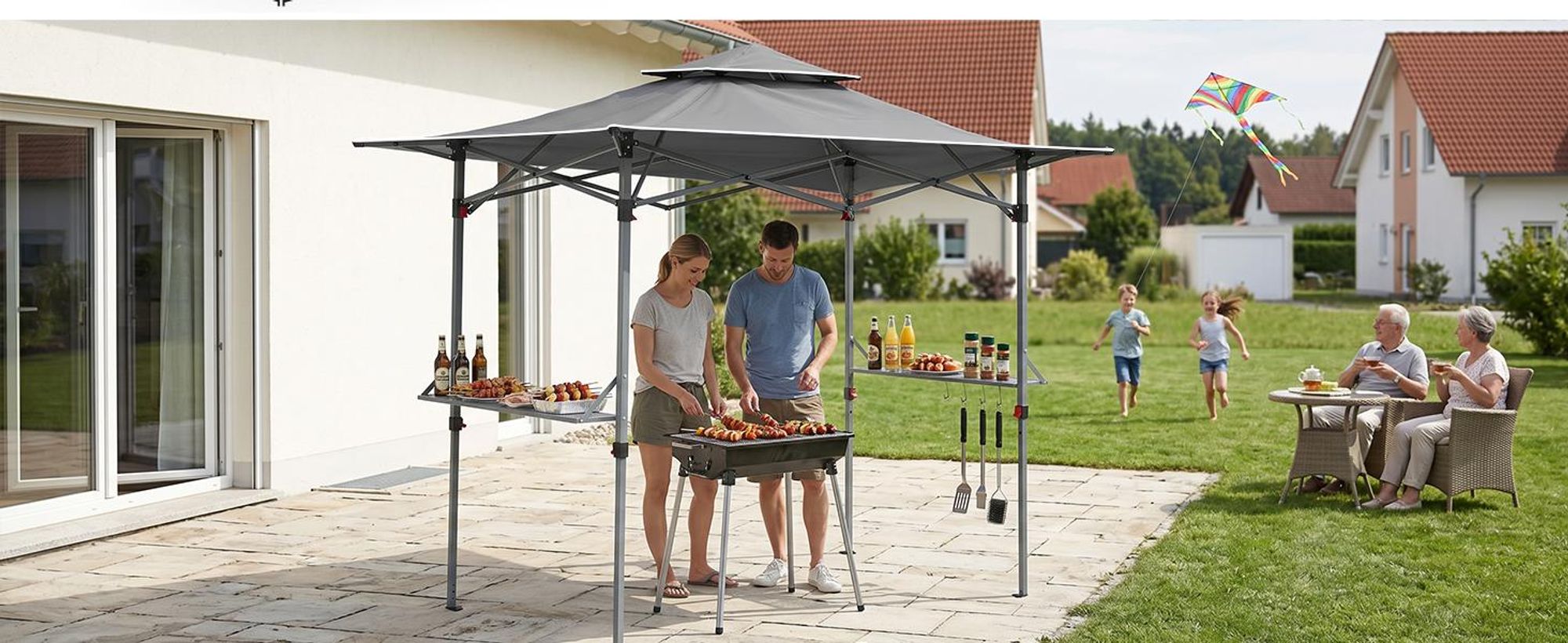 Sekey Grillpavillon 250x150 cm faltbar Garten Pavillon Wasserabweisend UV50+, Grau