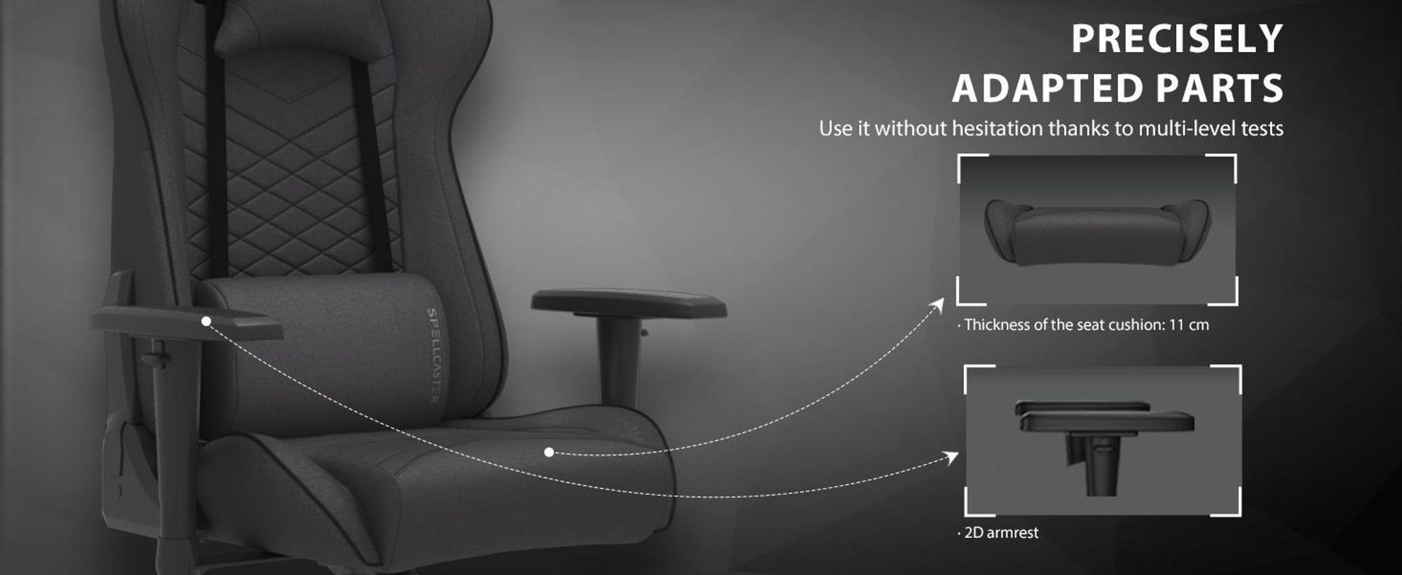 Herní židle SENSE7 Spellcaster, látka, černá-šedá – ergonomická kancelářská židle, židle k počítačovému stolu, herní židle, nosnost 150 kg, 2D područky, sklopení 160°, manažerská židle