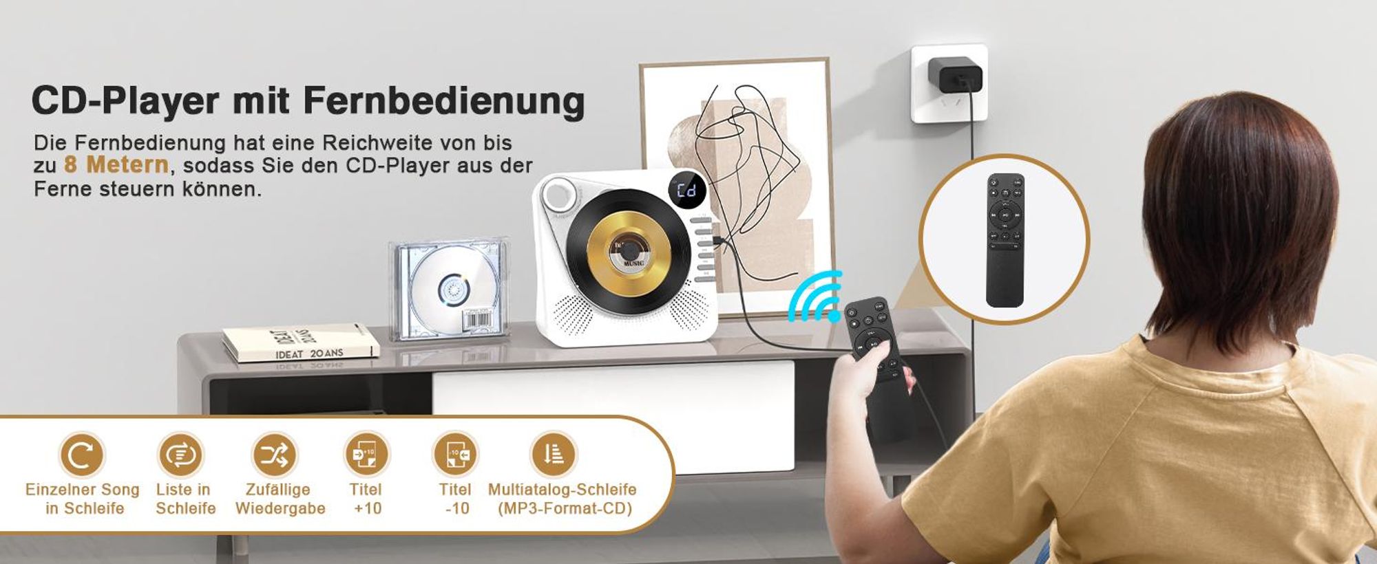 CD Player, Bluetooth CD-Player, Tragbar CD Player, Bluetooth Lautsprecher, mit Fernbedienung, HiFi-Sound, FM-Radio, AUX/USB-Wiedergabe