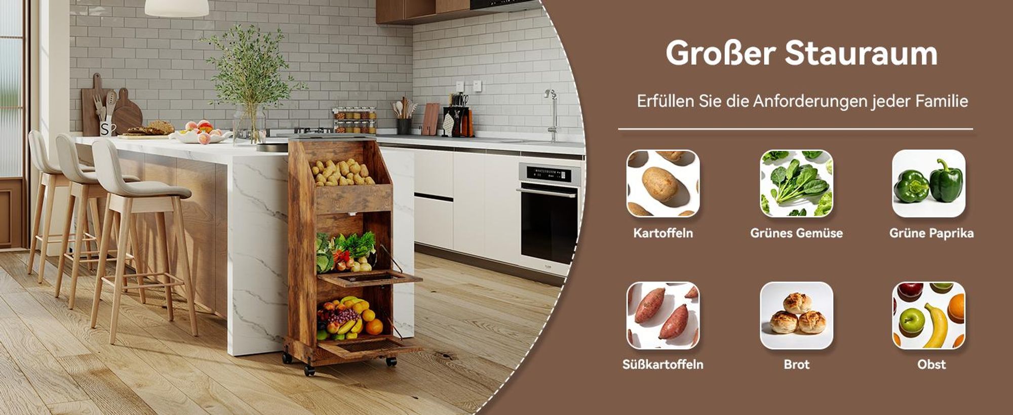 Puluomis Küchenregal Gemüsebehälter mit Rollen, Gemüsebox mit Belüftung und Brotfach, Aufbewahrung von Obst und Gemüse , Kartoffelbox schwarz braun